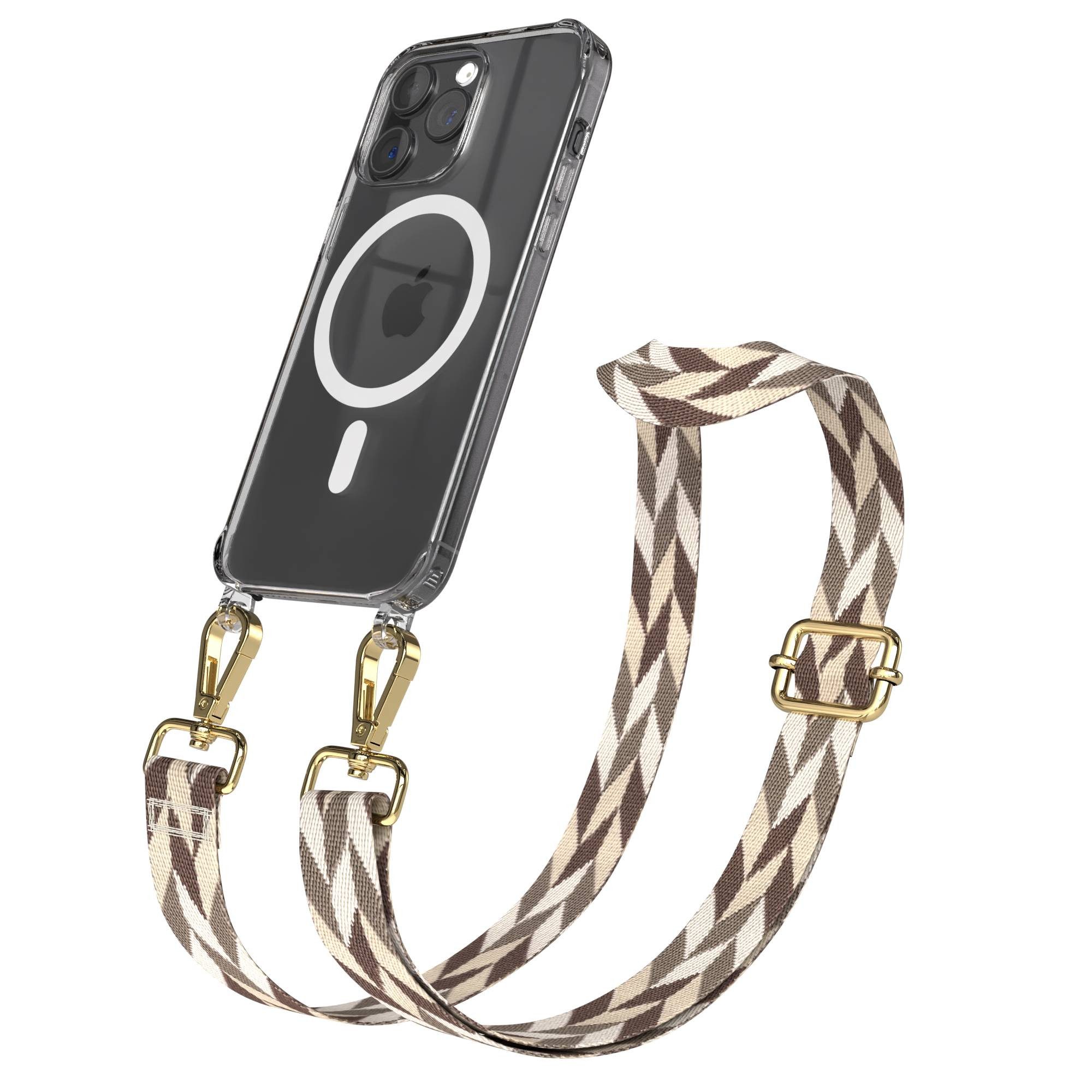 EAZY CASE Handykette Umhängeband MagSafe Hülle für Apple iPhone 15 Pro Max 6,7 Zoll, Handyhülle Magnet MagSafe mit Rope Band Mix Braun Taupe