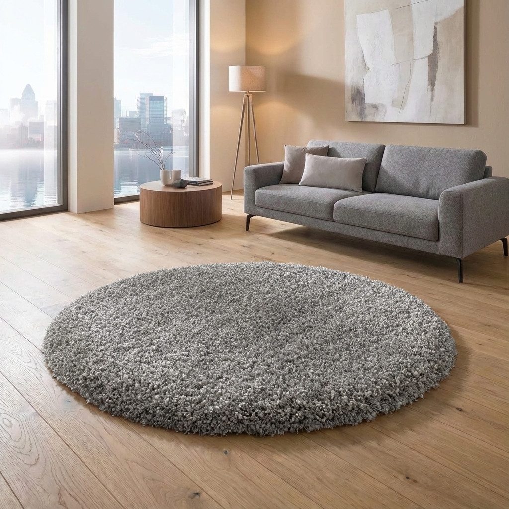 TaCa Home Langflor-Teppich Shaggy Teppich Langflor, rund, Höhe: 60 mm, Schlafzimmer Kinderzimmer Wohnzimmer, grau - 120 x 120 cm rund