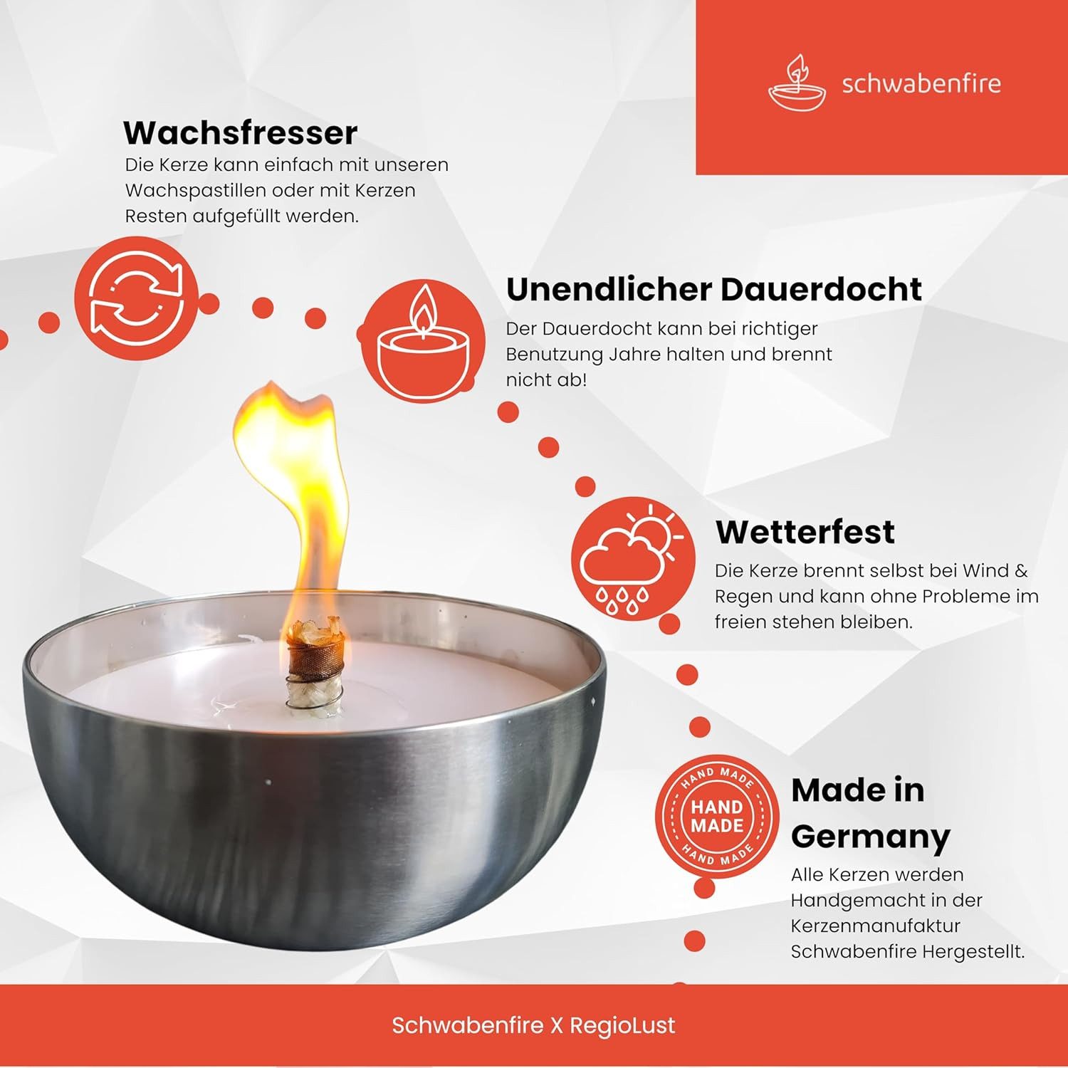 Schwabenfire Outdoorkerze mit unendlichem Dauerdocht in Edelstahl Schale 23,5cm Wachsfresser