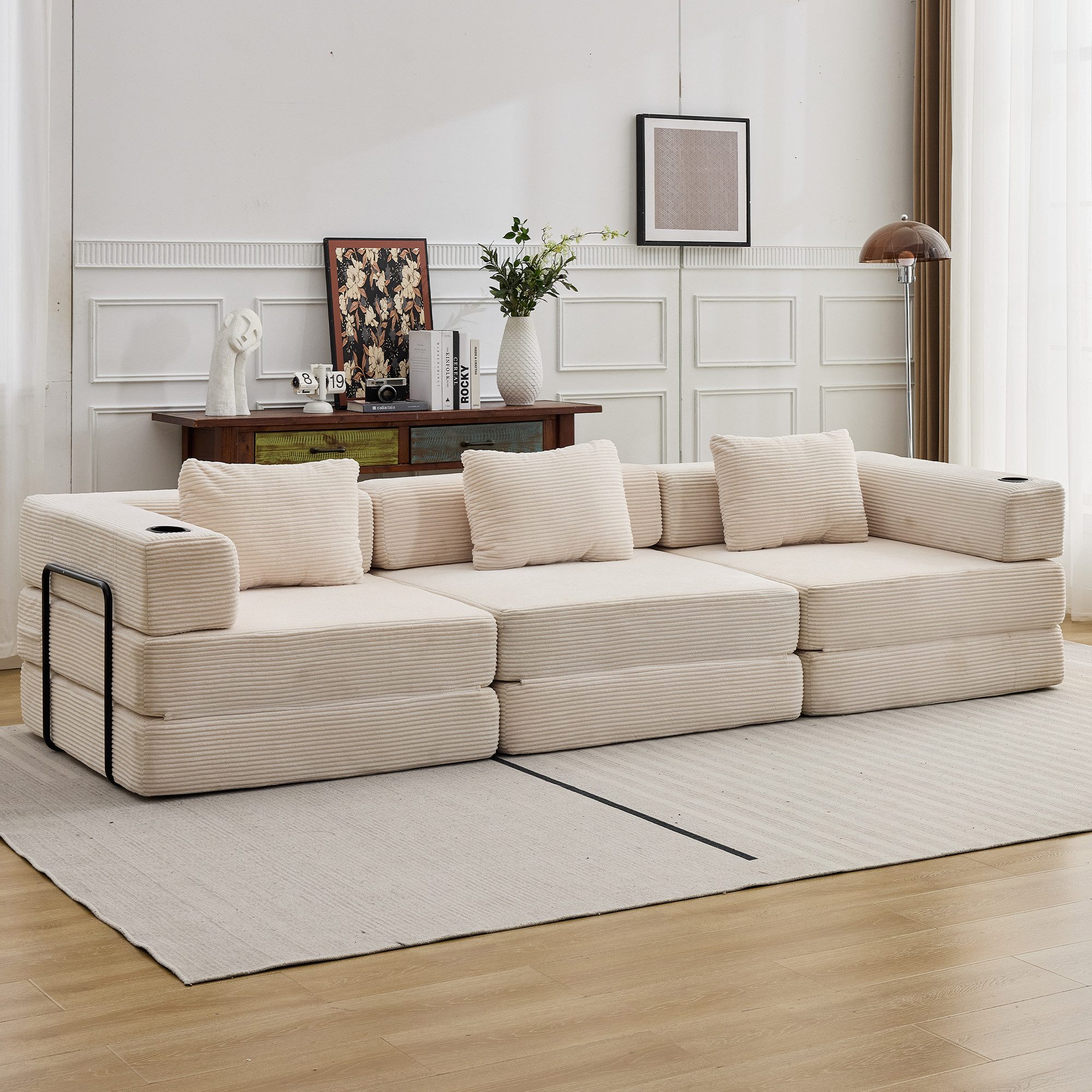 Leawin Sofa 3-Sitzer Sofa mit Bettfunktion – Flexibel & gemütlich, Modulares Wohnzimmersofa aus Chenille mit Kissen