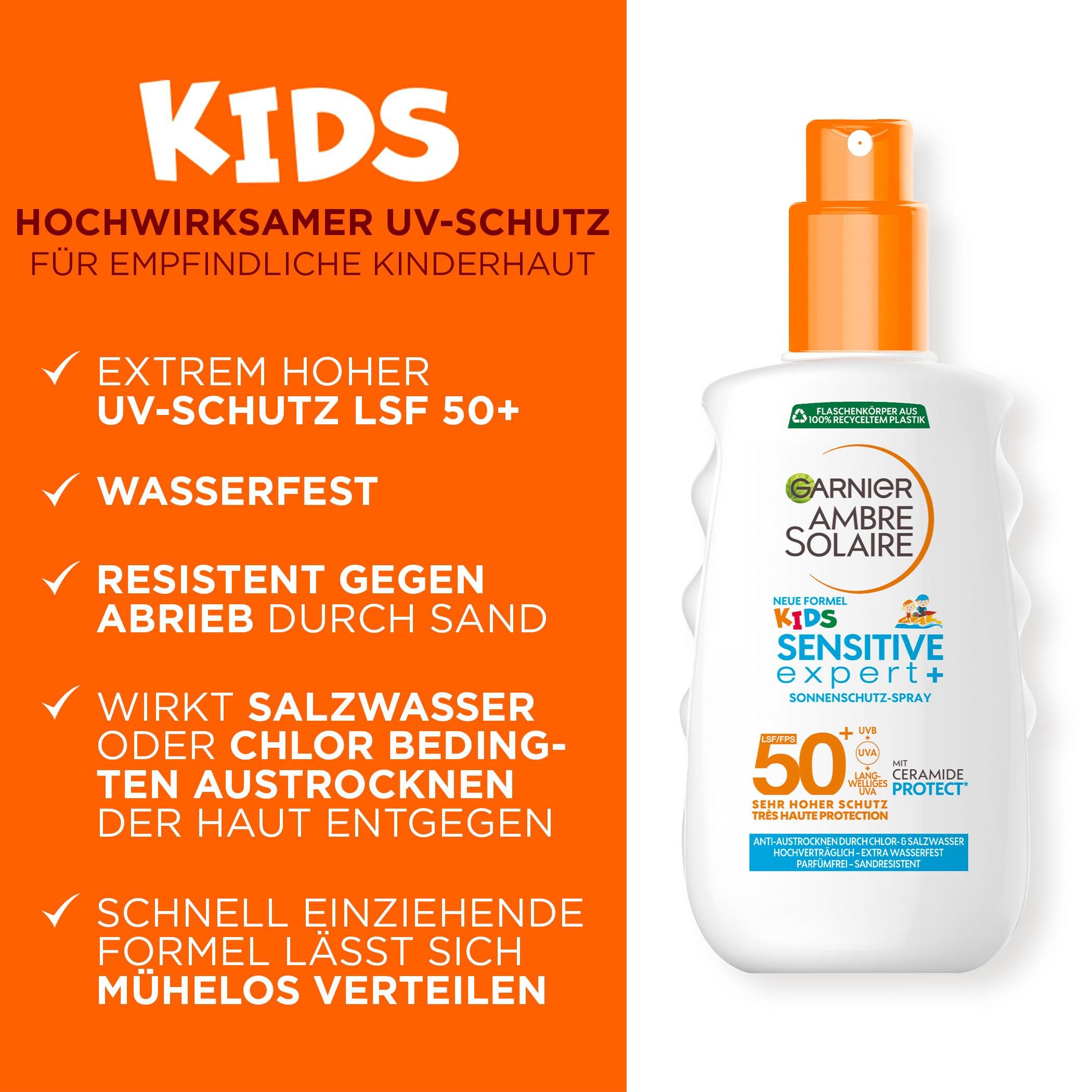 GARNIER Sonnenschutzspray AMBRE SOLAIRE KIDS SENSITVE EXPERT+ LSF50+, mit leichter und schnell einziehender Formel