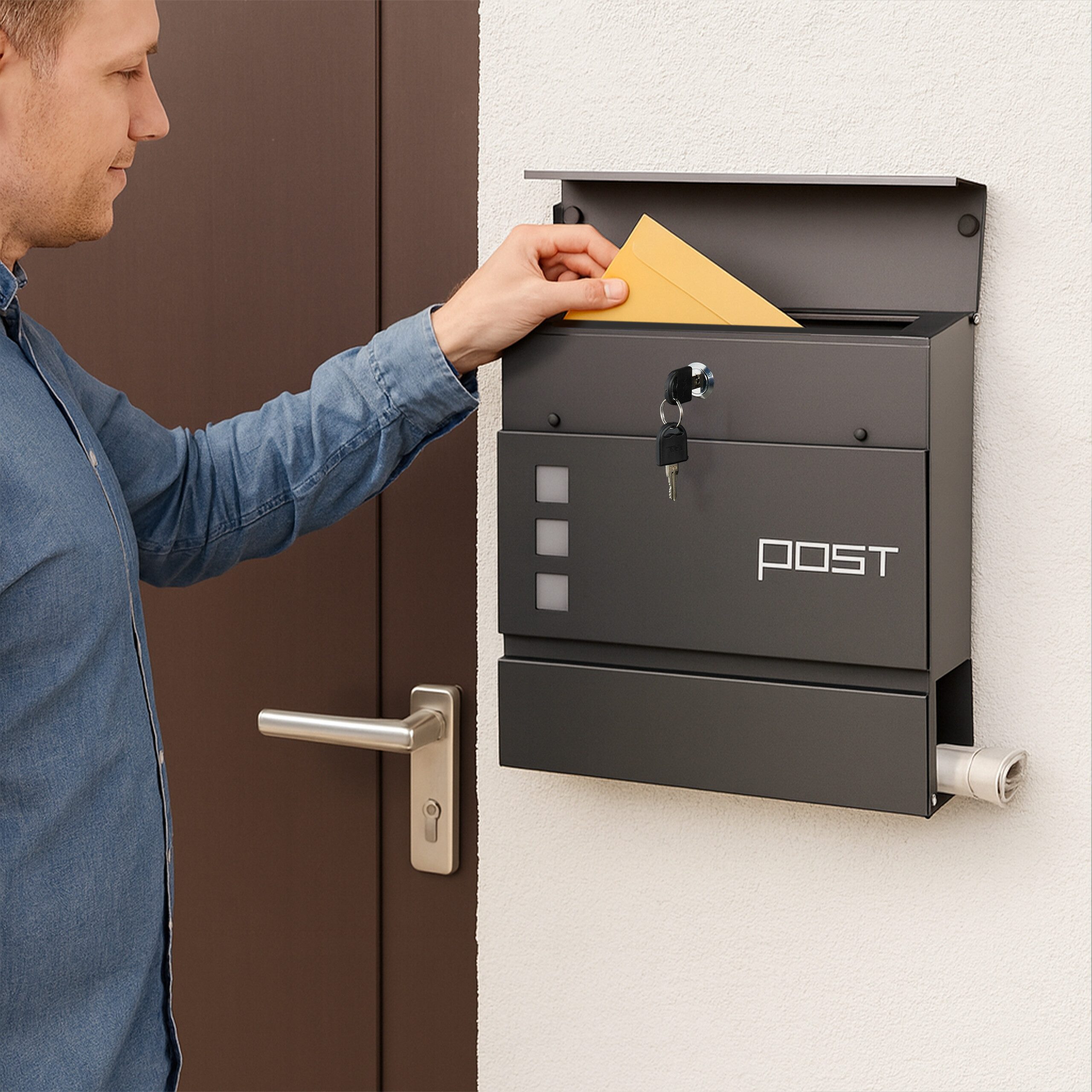 relaxdays Wandbriefkasten Briefkasten mit Zeitungsfach, Anthrazit