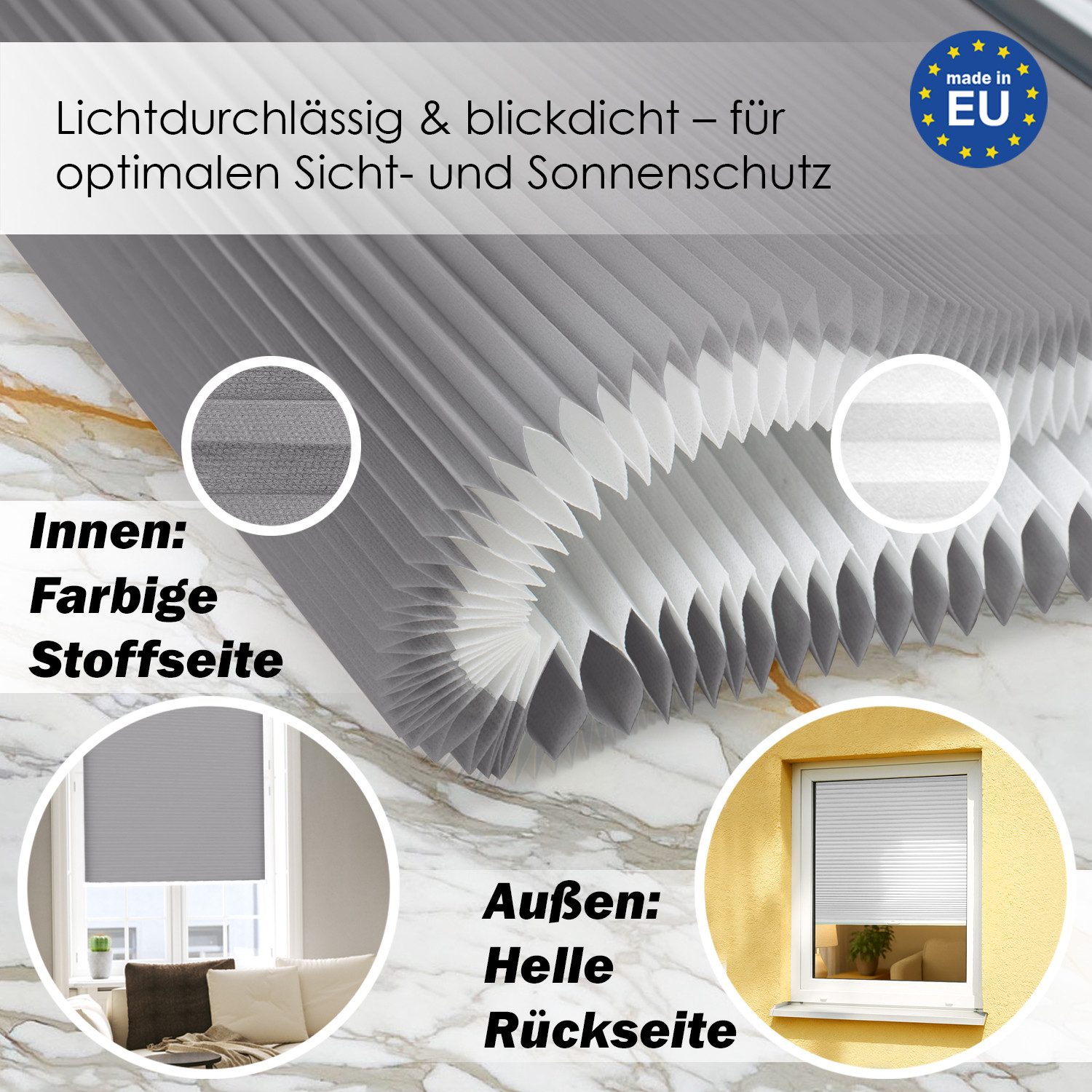 DomDeco Wabenplissee Premium Plissee ohne Bohren, lichtdurchlässig, Sichtschutz, verspannt, blickdicht, Klemmfix, UV-Schutz, modernes Fensterplissee