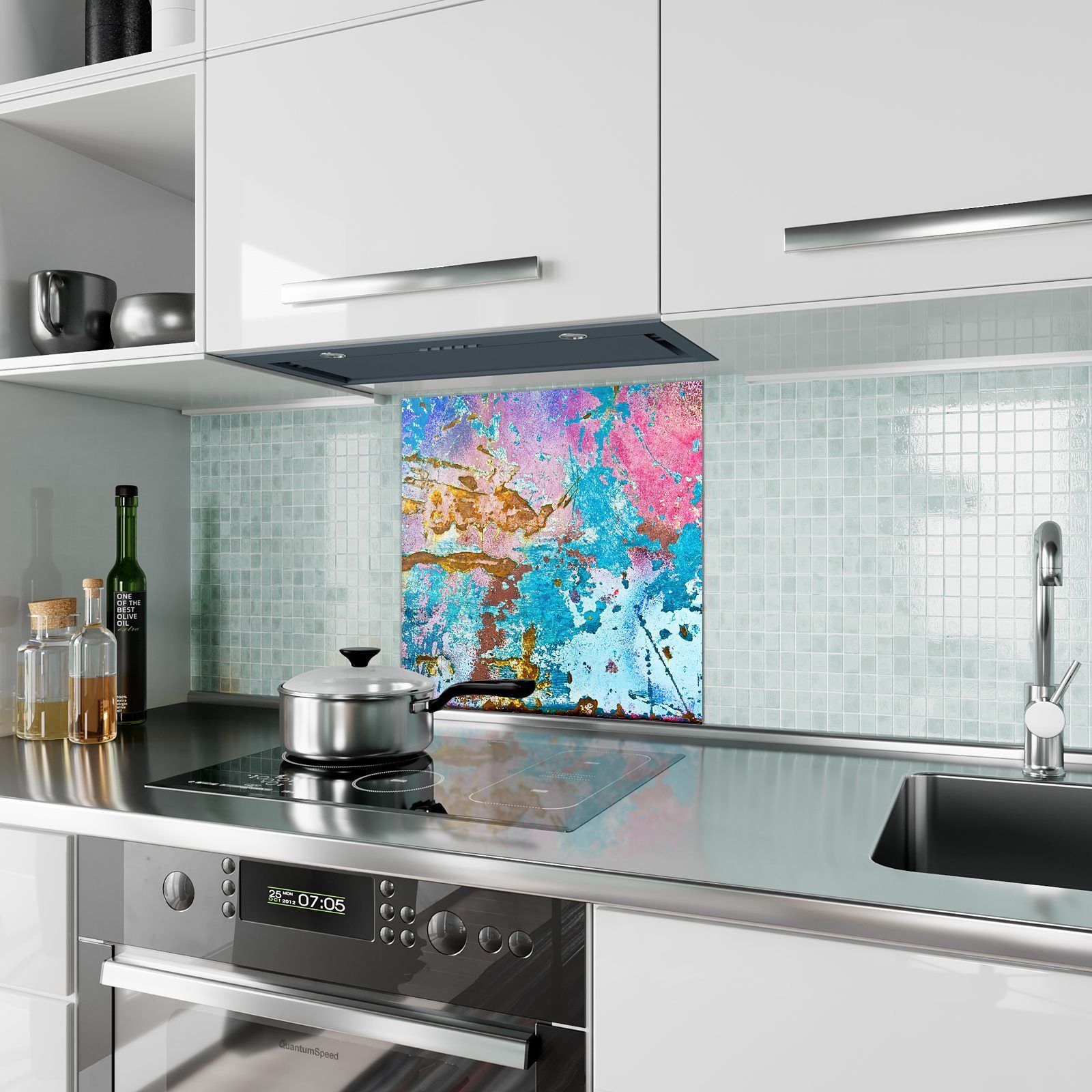 farbig Glas Küchenrückwand Primedeco mit Küchenrückwand Spritzschutz Metalloberfläche Motiv