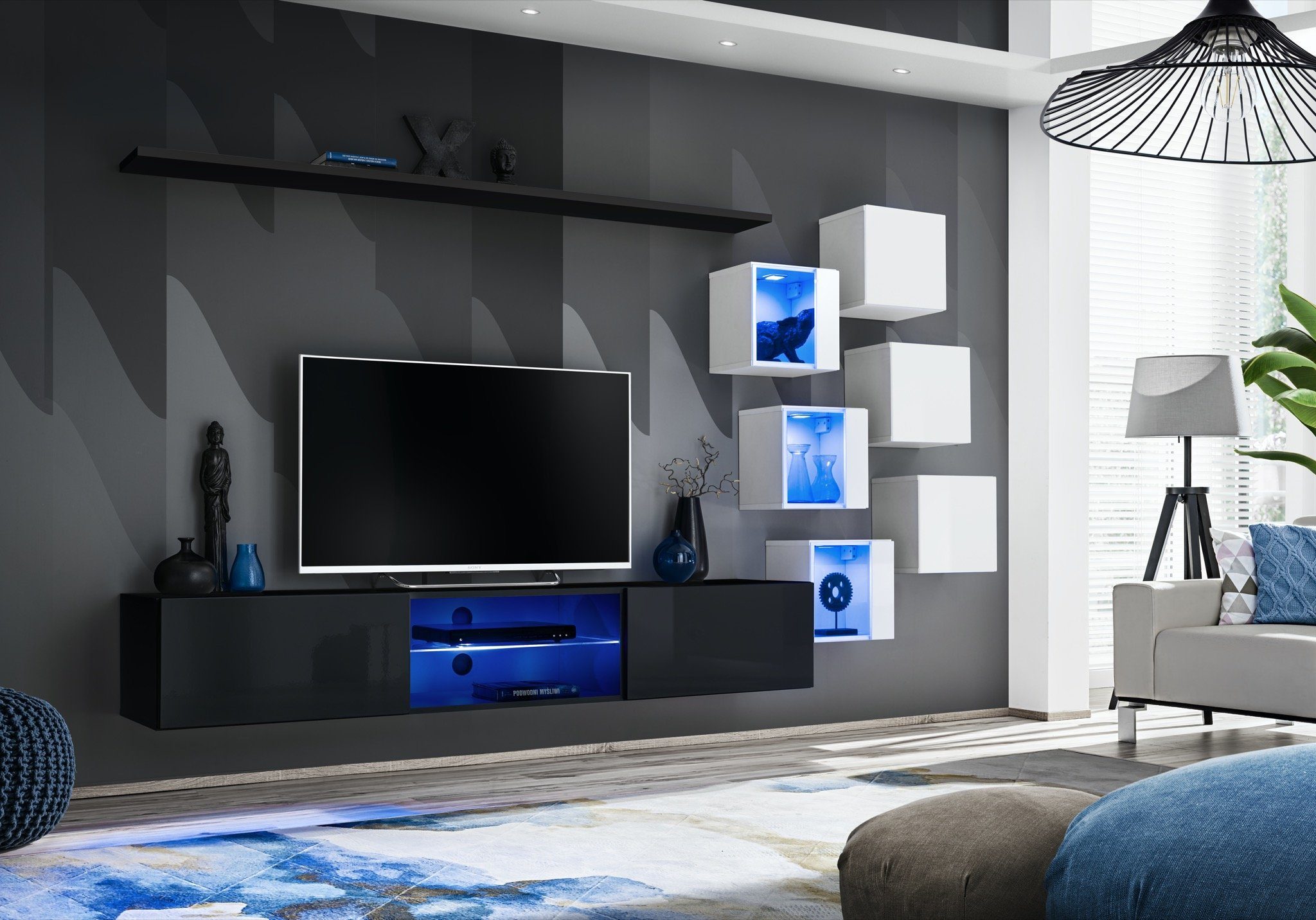 JVmoebel Wohnwand Modern Wohnwand Wand Regale Luxus Designer Set Wohnzimmermöbel, (8-St., TV Ständer + 6x Wandschrank + Wandregal), LED beleuchtet