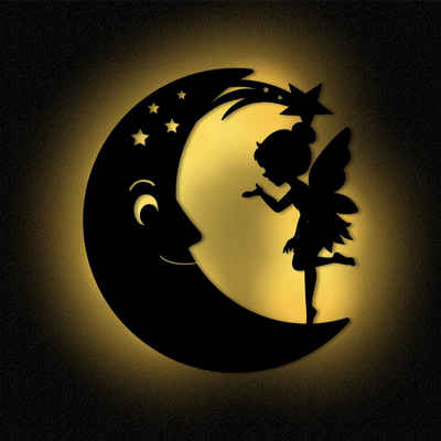 Namofactur LED Nachtlicht Fee auf Mond Nachtlicht Kinder Wandlampe Kinderzimmer I MDF Holz, LED fest integriert, Warmweiß