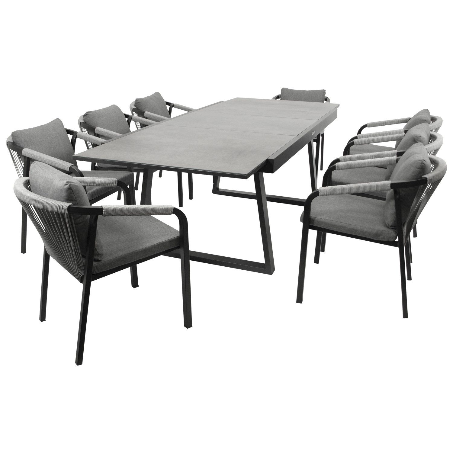 DEGAMO Garten-Essgruppe REIMS, (9-tlg., 8x Stapelsessel, 1x Ausziehtisch), Alu anthrazit, Stapelsessel Rope, Ausziehtisch Keramikoptik