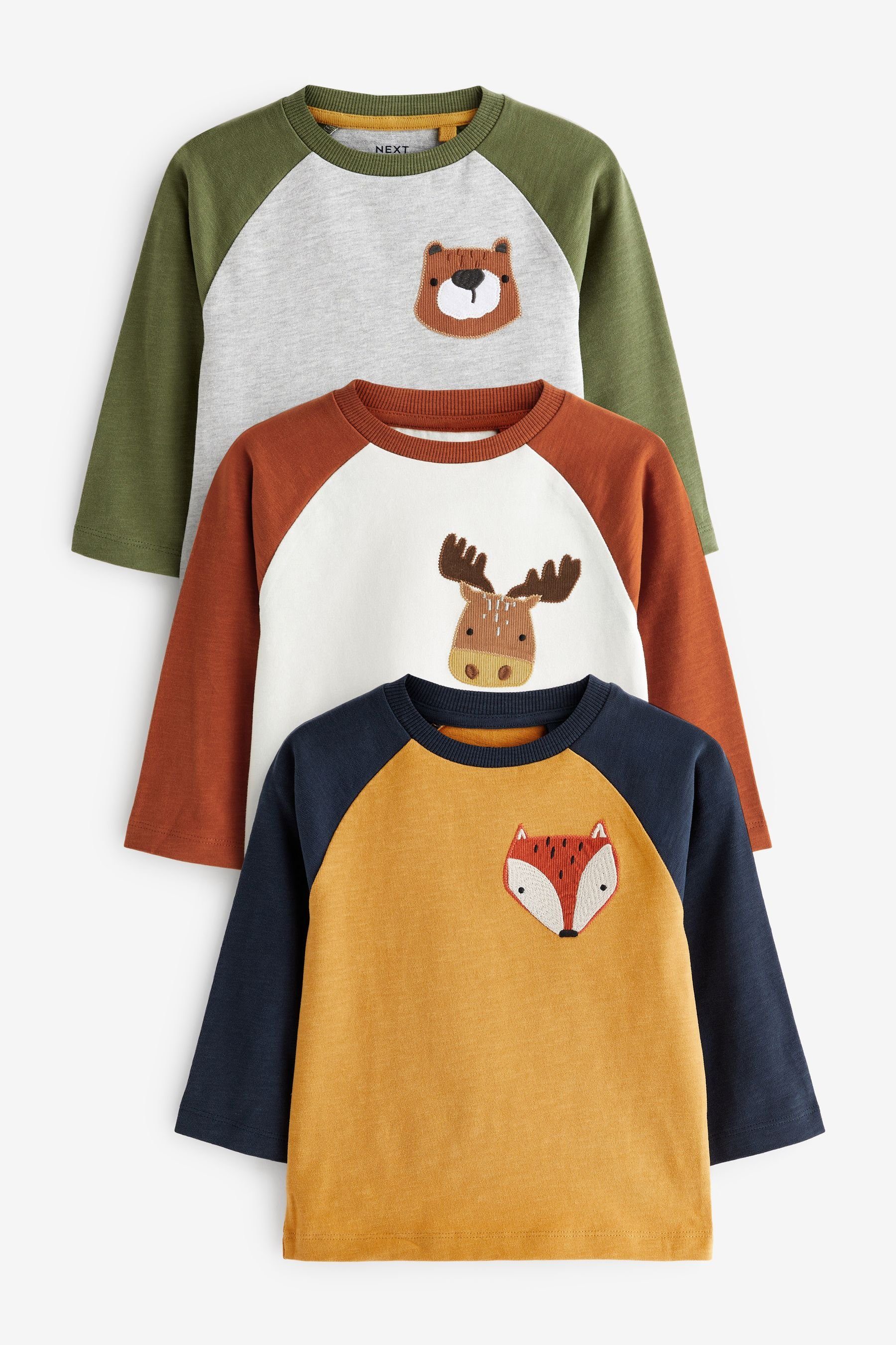 Animal Langarmshirt mit (3-tlg) Langärmelige Colour im 3er-Pack Next Shirts Multi Figurenmotiv