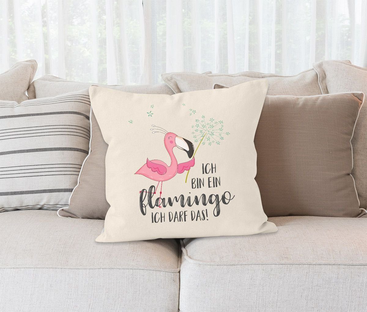 das Flamingo Deko-Kissen bin Pusteblume ein MoonWorks® Flamingo darf natur Kissen-Bezug ich MoonWorks Baumwolle Ich Kissen-Hülle Dekokissen Spruch