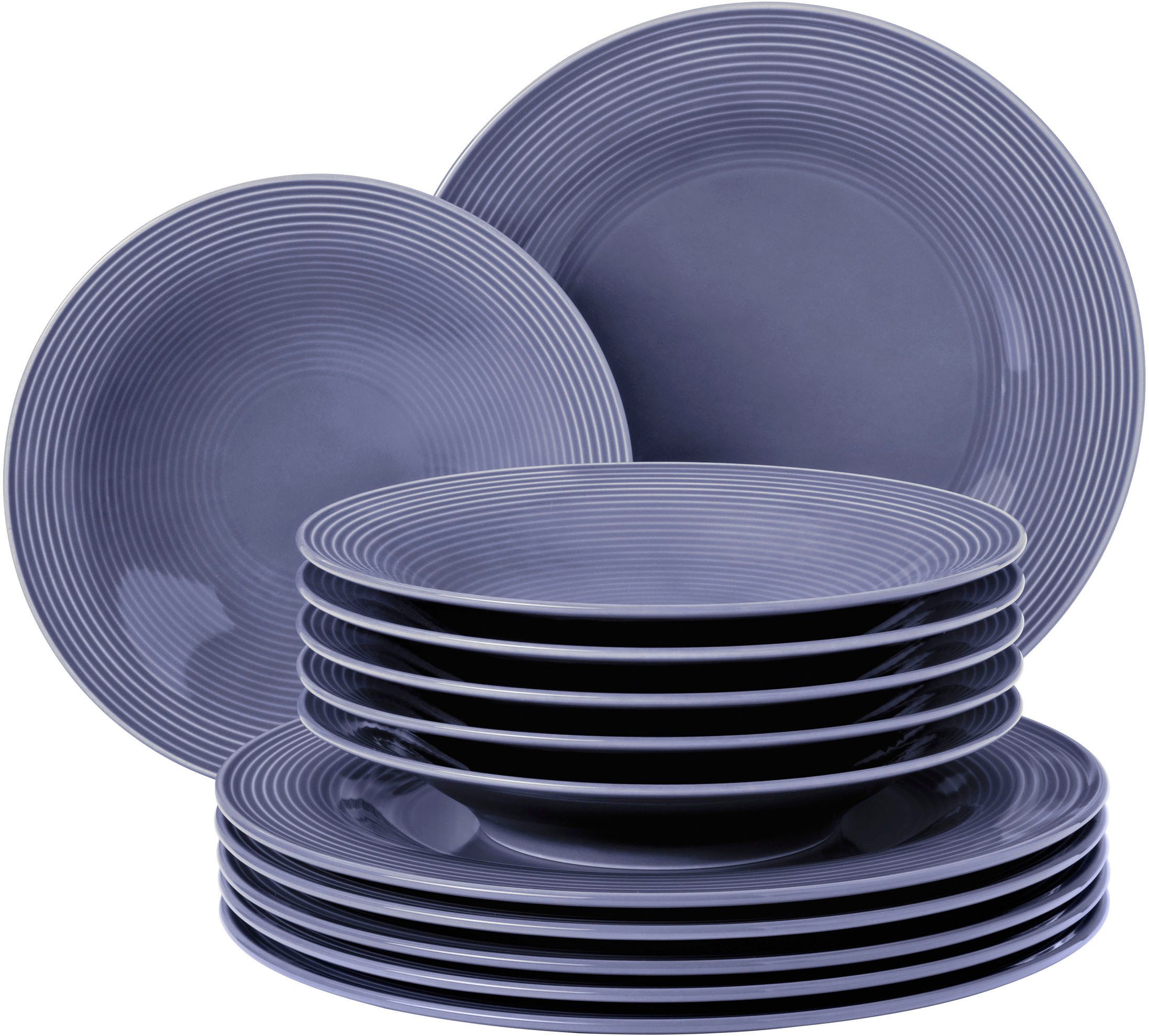 Seltmann Weiden Столовый сервиз Geschirr-Set, 12 Teile, Beat, Fliederblau (12-tlg), 6 Personen, Porzellan, Teller Set, weiß, mit Rillendekor, 12 Teile, für 6 Personen