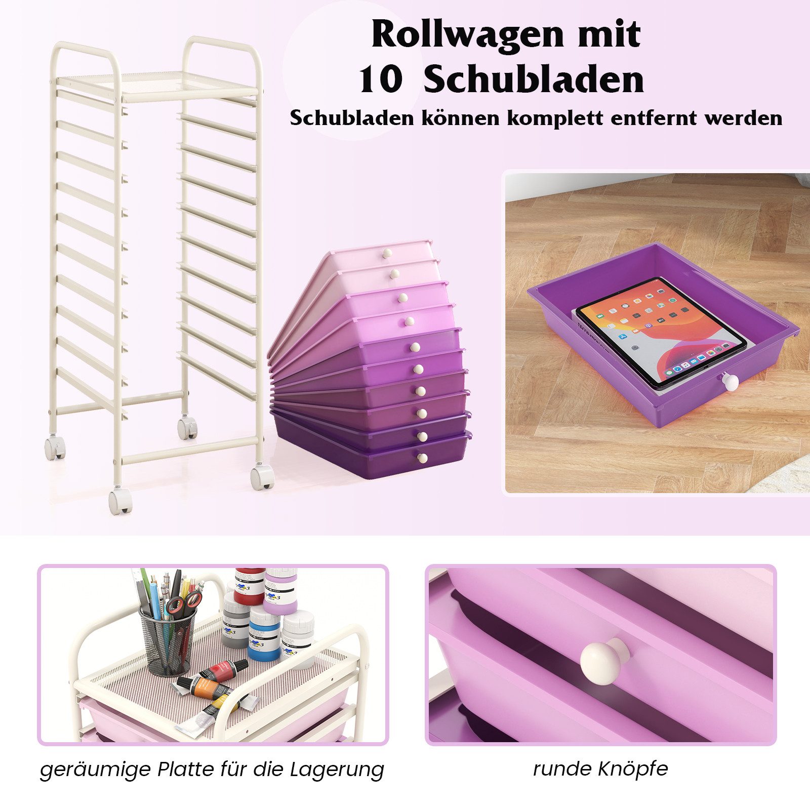 KOMFOTTEU Rollwagen Rollregal, mit 10 Schubladen, mit Rollen