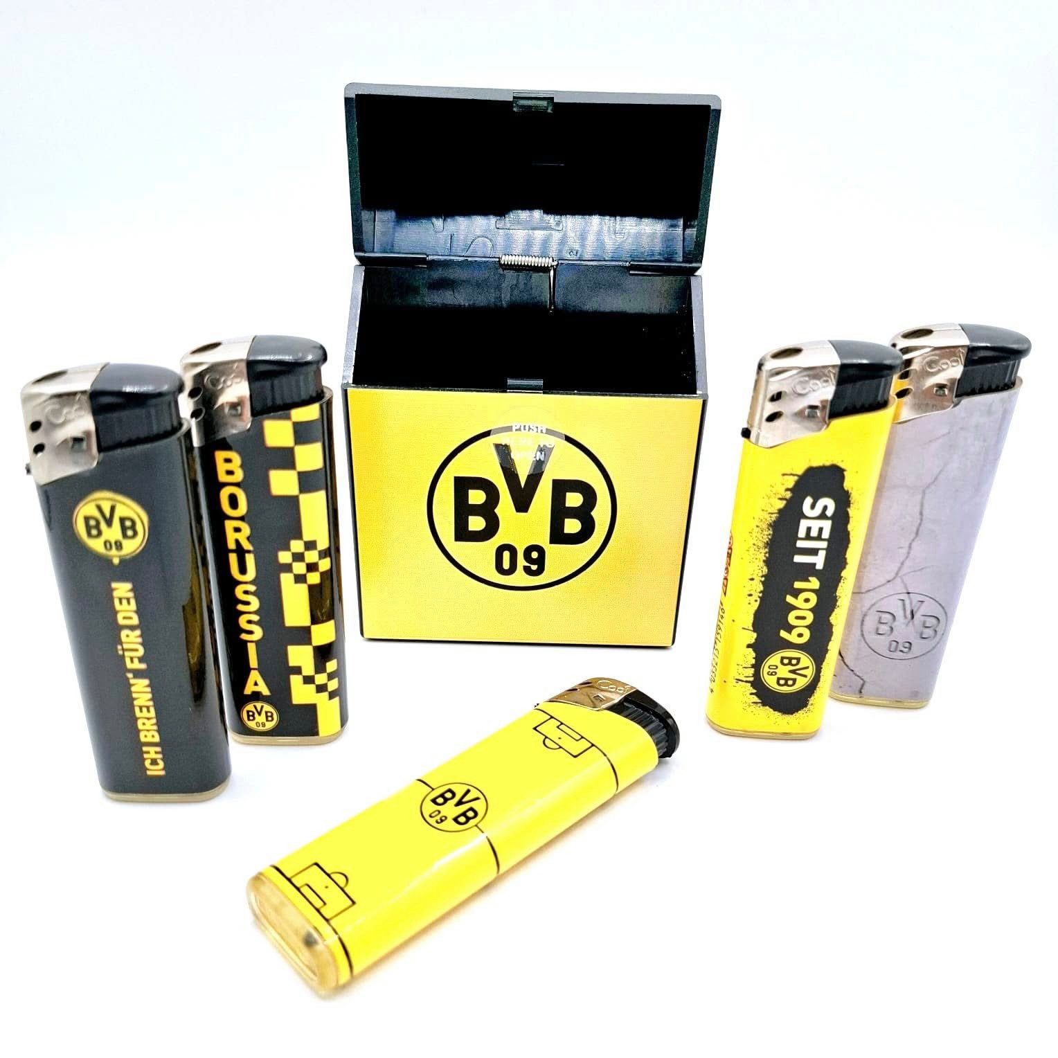 BVB Feuerzeuge 5x Mehrwegfeuerzeug + Aufbewahrungsbox Klickbox Borussia Dortmund, Borussia Dortmund schwarz gelb