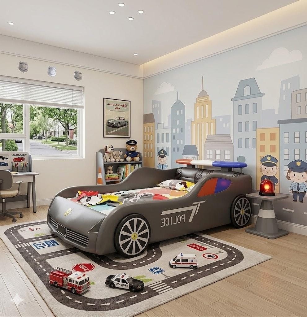 Xlmoebel Autobett Graues Kinderbett im Polizeiauto-Design mit LED-Beleuchtung, Made in Europa