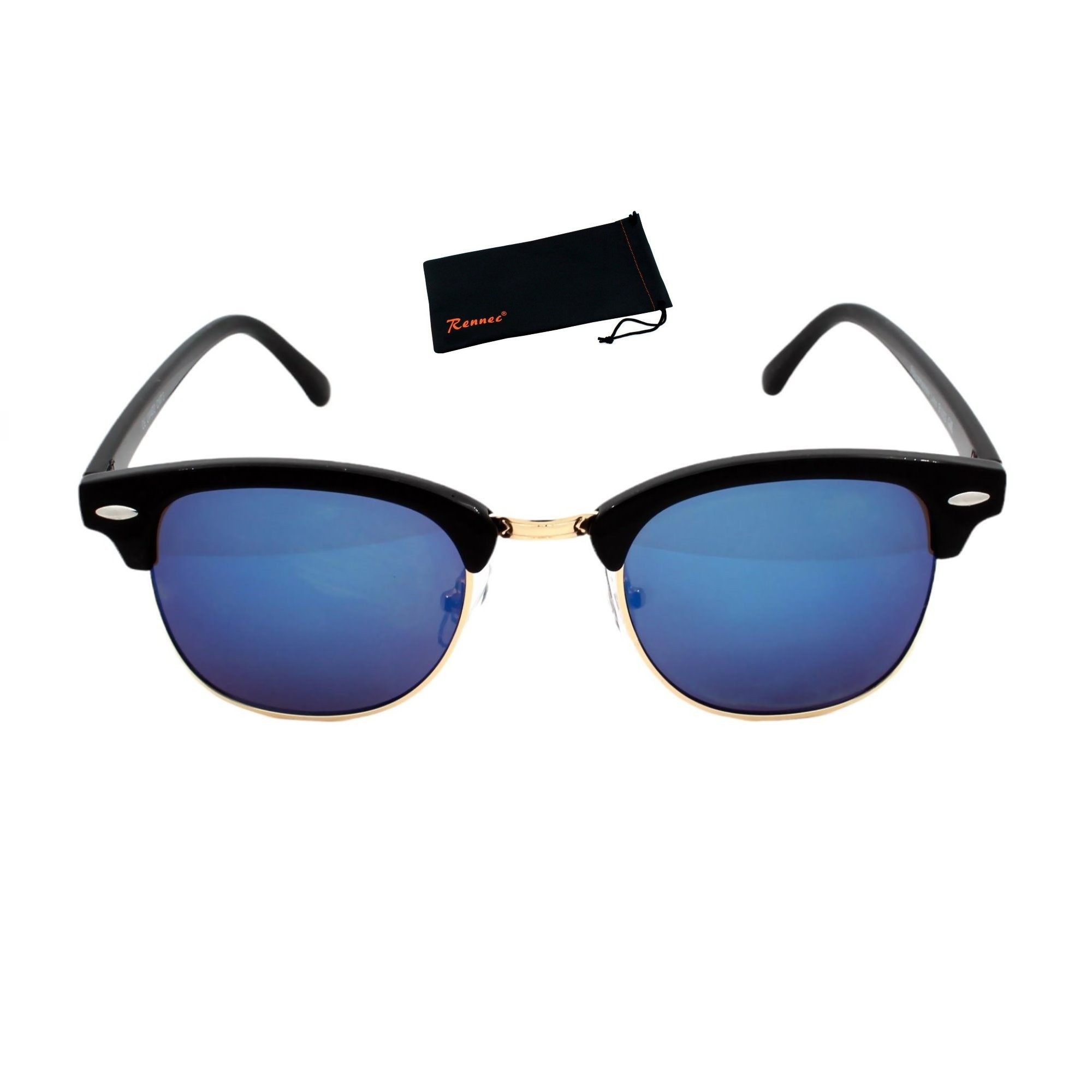 Rennec Sonnenbrille Polarisiert Herren Damen im Retro Browline Stil UV400 Gläser Verspiegelt in Grün Blau