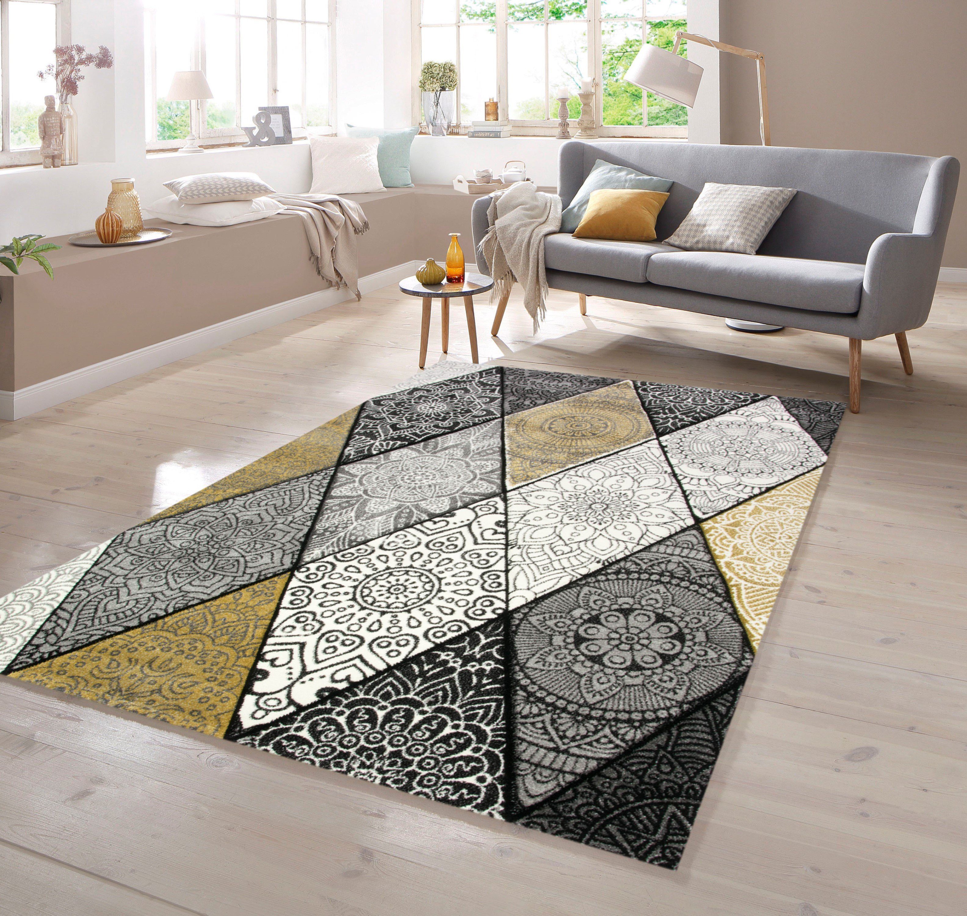 Teppich Teppich Wohnzimmer Rauten mit Ornamenten in grau senfgelb creme, TeppichHome24, rechteckig