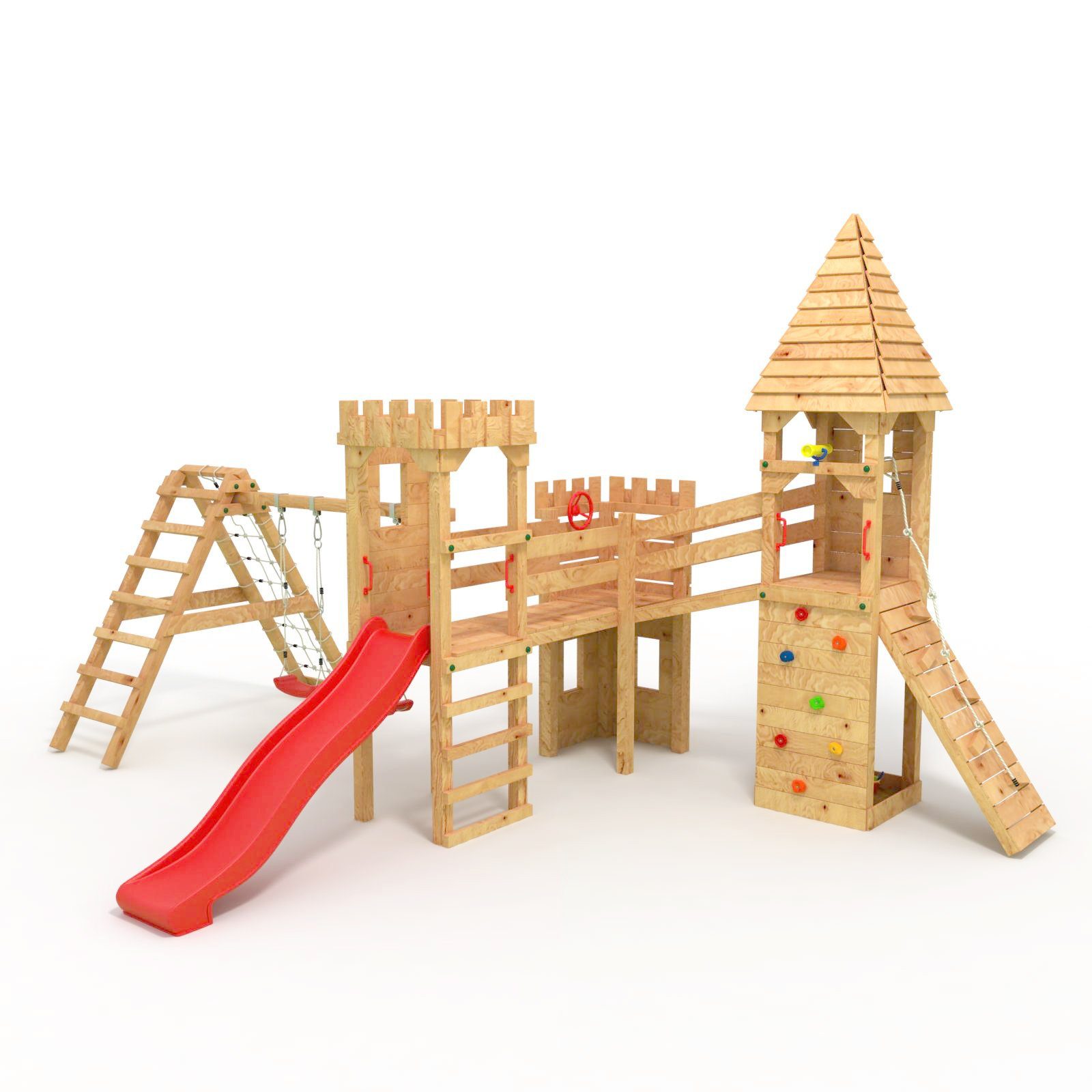 bibex Spielturm Ritterburg "XXL" - 3x Klettertürme, Rutsche, Kletterwand, Sandkasten