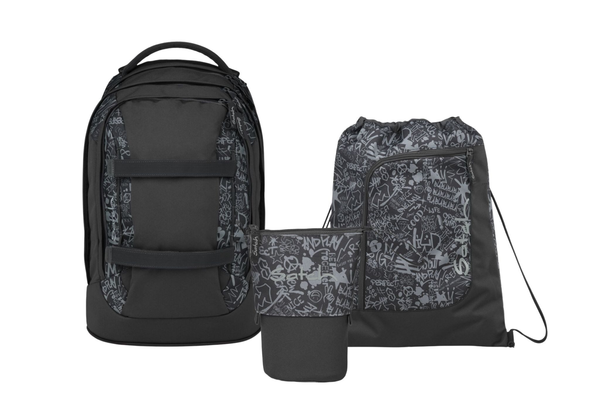 Satch Schulranzen Schulrucksack-Set PACK Street Ink 3-teilig (3-teilig), ergonomisch, Your-Size-System, 5 Fächer