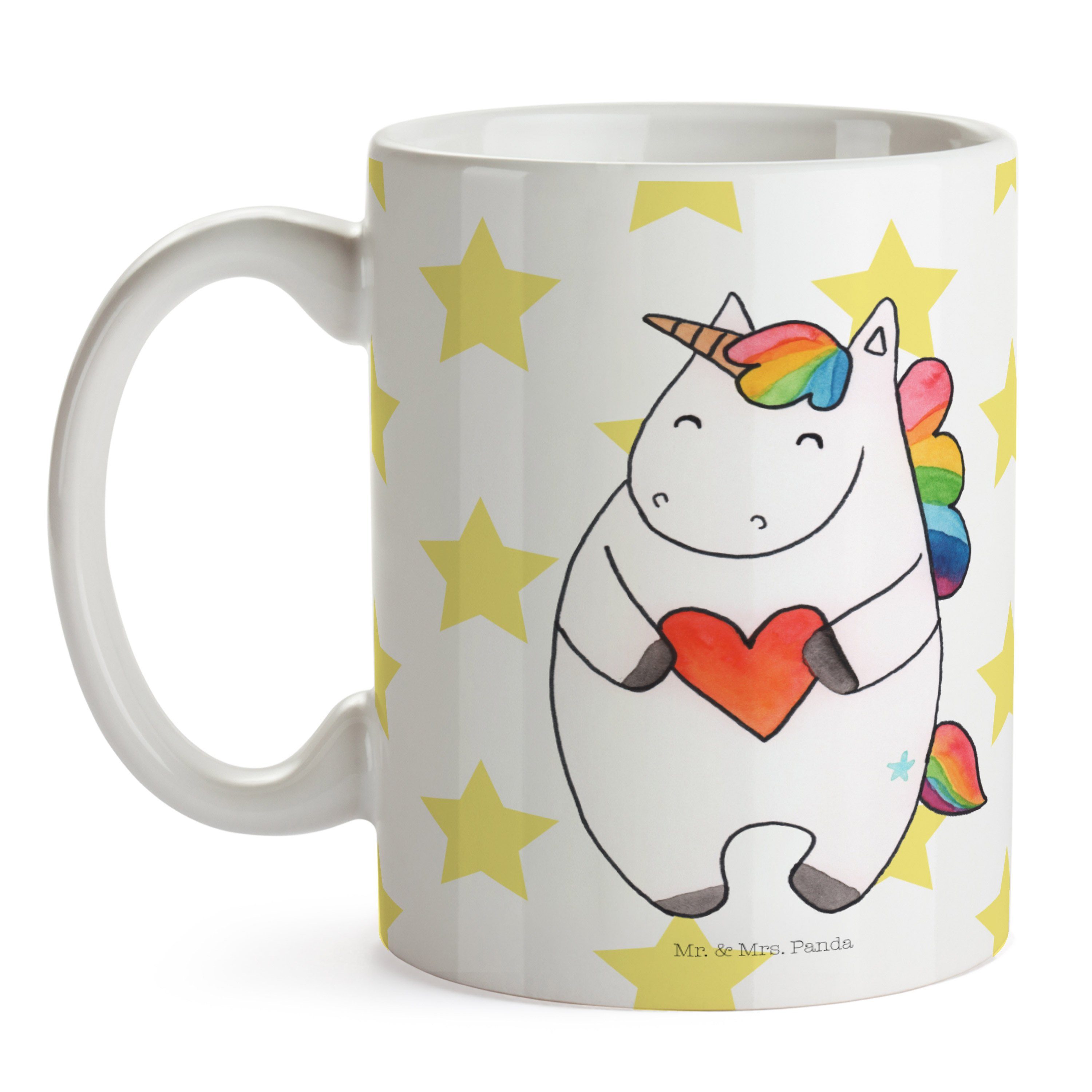 Unicorn, - Geschenk Tasse, lusti, Einhorn Tasse, Herz - Geschenk, & Weiß Keramik Tasse Mr. Mrs. Panda