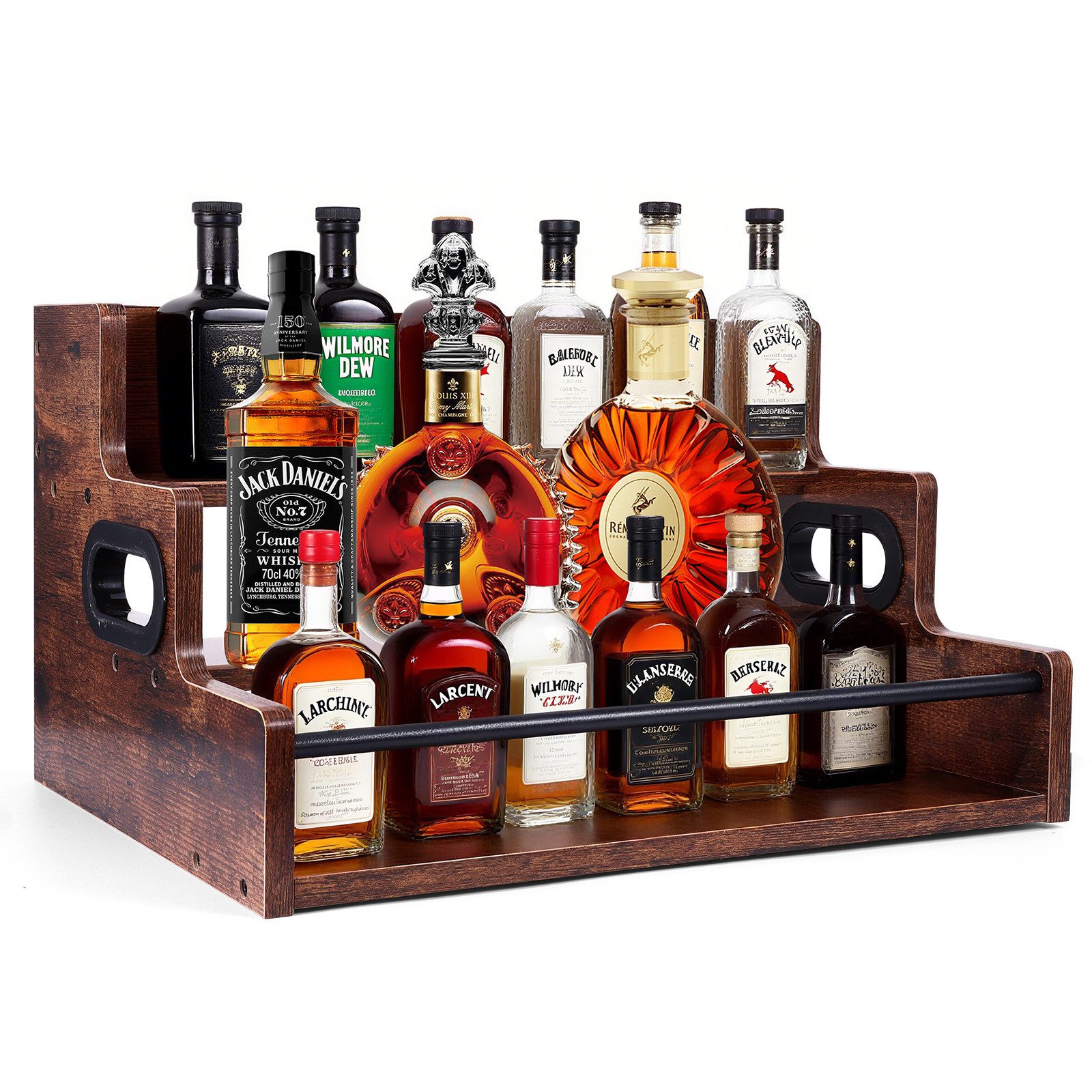BlingBin Weinregal 3 Stufen Flaschenregal Flaschenständer Lagerregal Kaffeesirup, Maße: 40,64 x 30,48 x 23,5 cm 1-tlg., Weinständer aus Holz mit Tablett und Griff für Whiskey, Alkohol