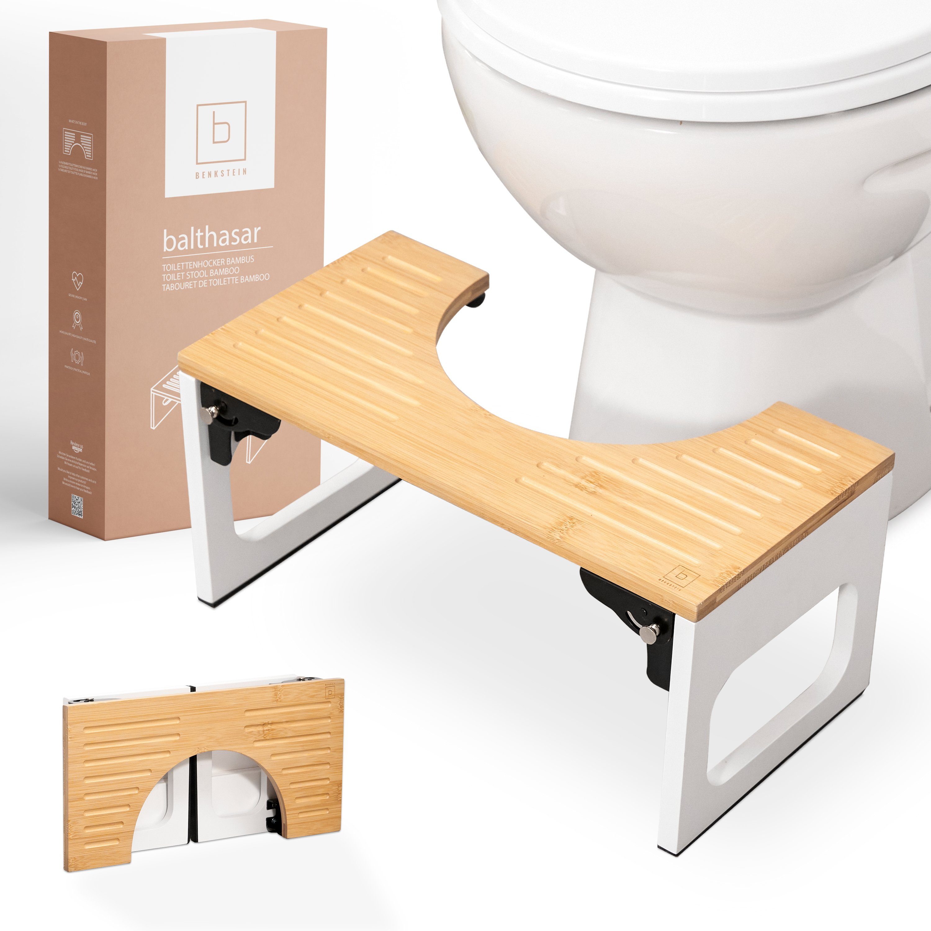 Benkstein Fußhocker Toilettenhocker - Klo Hocker aus Holz Faltbar (Badezimmerhocker faltbar), - Toilettenhocker aus Bambus