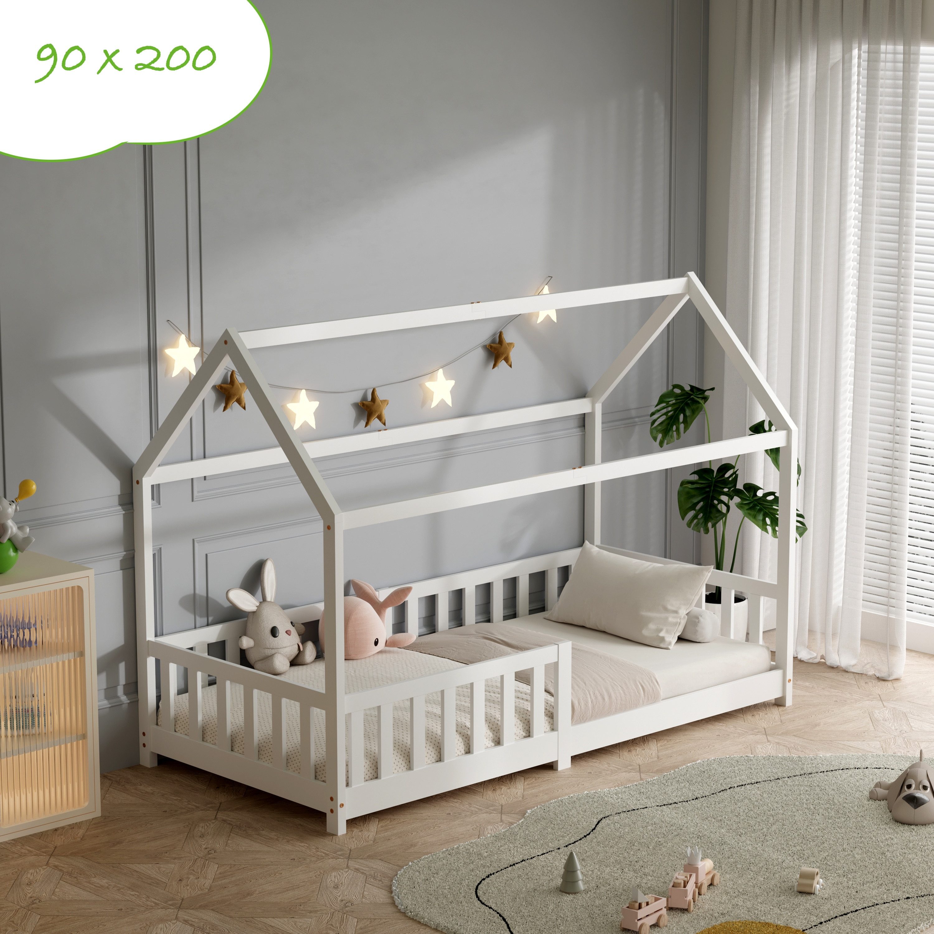 ecoMI Kinderbett Hausbett, Rausfallschutz, Lattenrost, 90x200 & 80x160, Wei günstig online kaufen