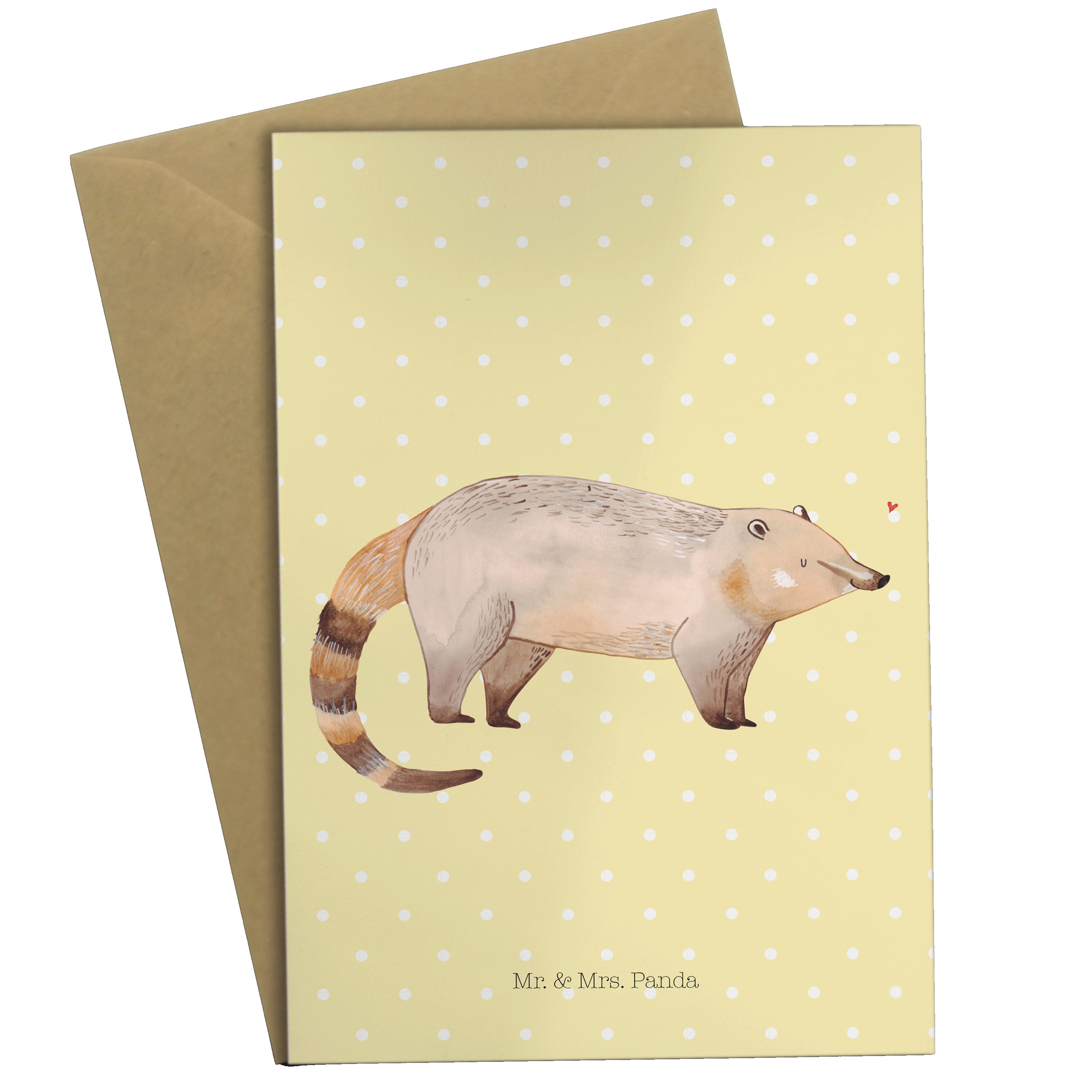 Mr. & Mrs. Panda Grußkarte Nasenbaer - Gelb Pastell - Geschenk, Tiere, Hochzeitskarte, Nasenbär