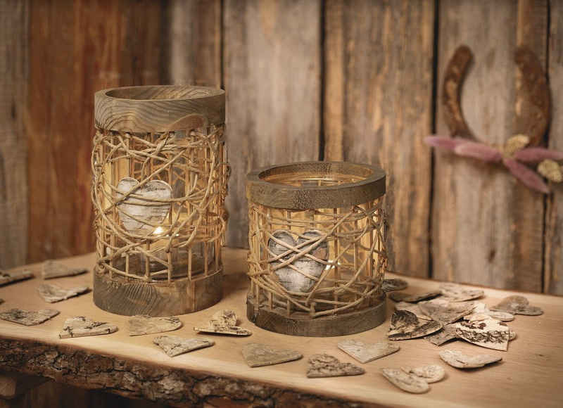 Dekoleidenschaft Windlicht "Herzchen" aus Holz & Glas Kerzenhalter für Stumpenkerzen & Teelichter (2 St., im Set), Windlichtglas, Kerzenglas, Teelichthalter, Glaswindlicht, Tischdeko