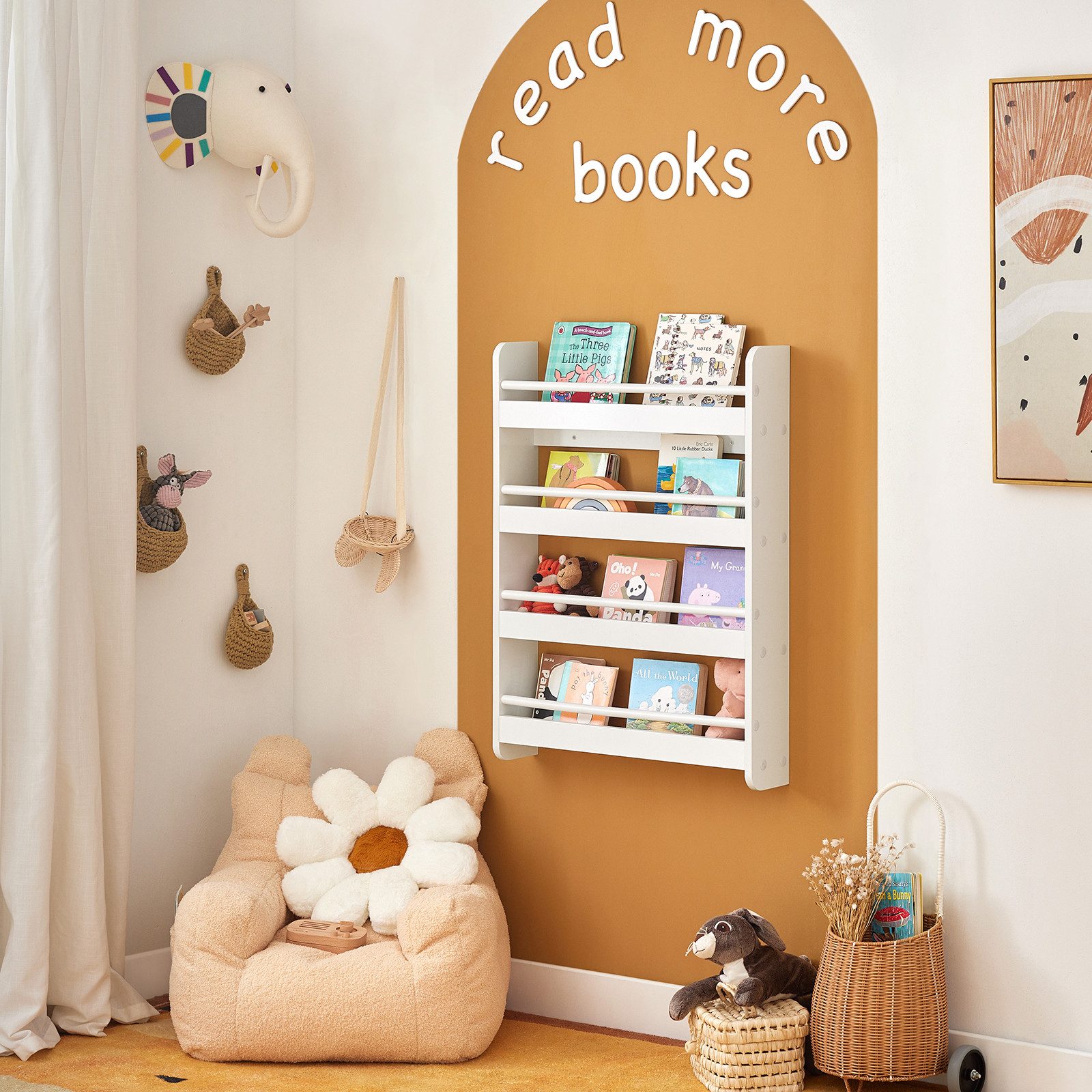 SoBuy Bücherregal DE-KMB08, Spielzeugtruhe Spielzeugregal für Kinderzimmer, Spielzimmer, mit 4 Ablagen, Kiefernholz, Kinderregal, Bücherregal Kinder, Wandregal