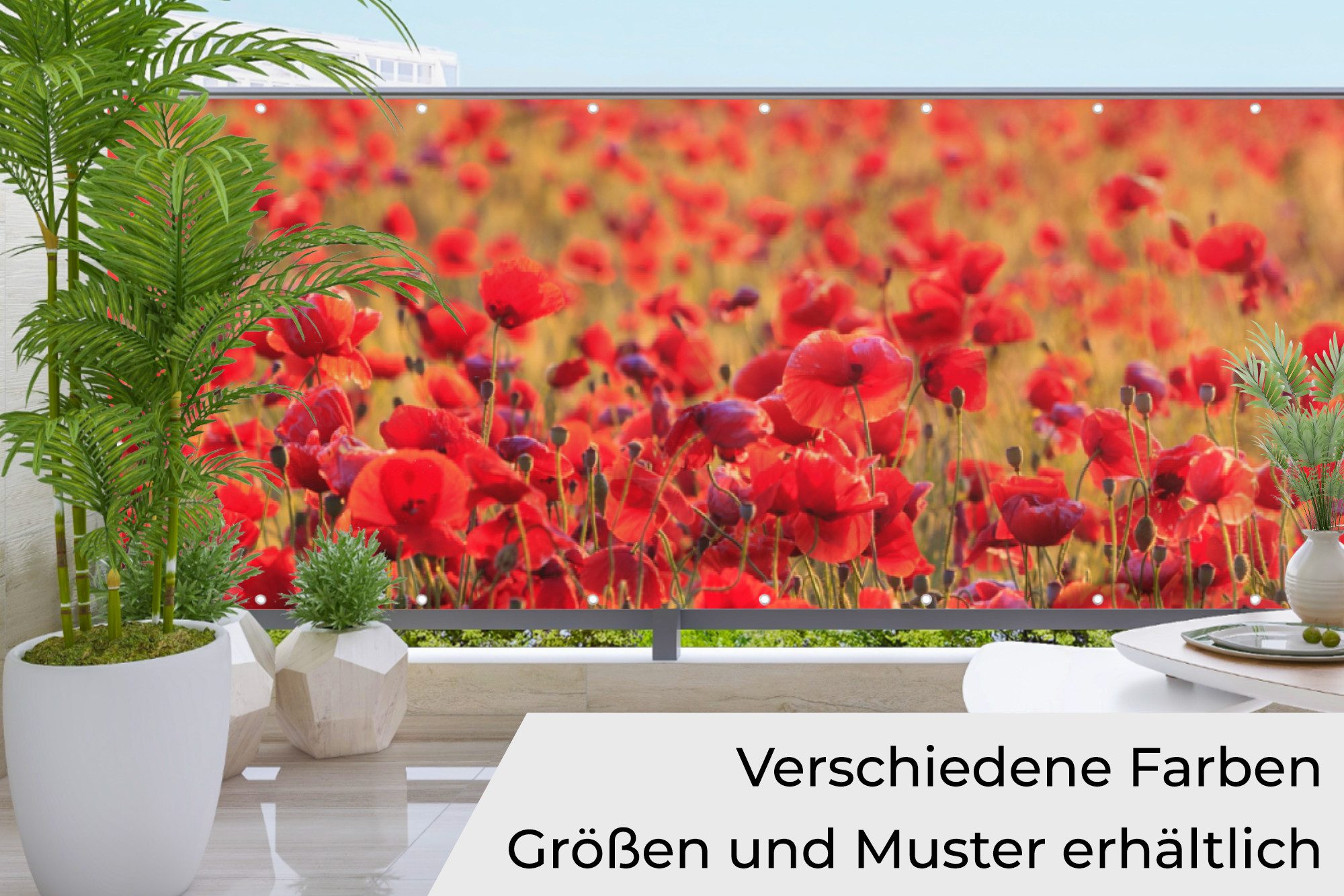 MuchoWow Balkonsichtschutz Blumen - Mohn - Rot - Blumenfeld (1-St) Wind- und Sichtschutz für den Balkon Terrassen, 300x85 cm