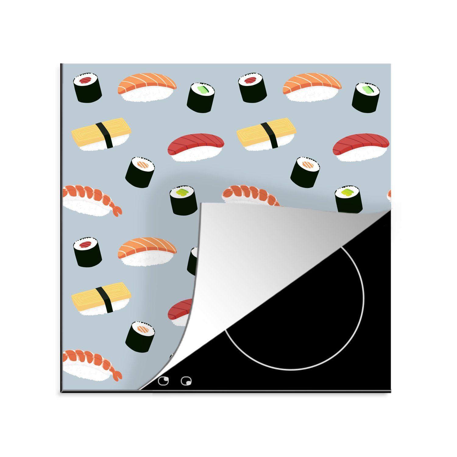 MuchoWow Herdblende-/Abdeckplatte Sushi Illustration auf hellem Hintergrund, Vinyl, (1 tlg), 78x78 cm, Ceranfeldabdeckung, Arbeitsplatte für küche