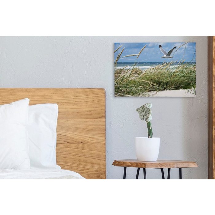 OneMillionCanvasses® Leinwandbild Strand - Vogel - Pflanzen (1 St) Wandbild Leinwandbilder Aufhängefertig Wanddeko