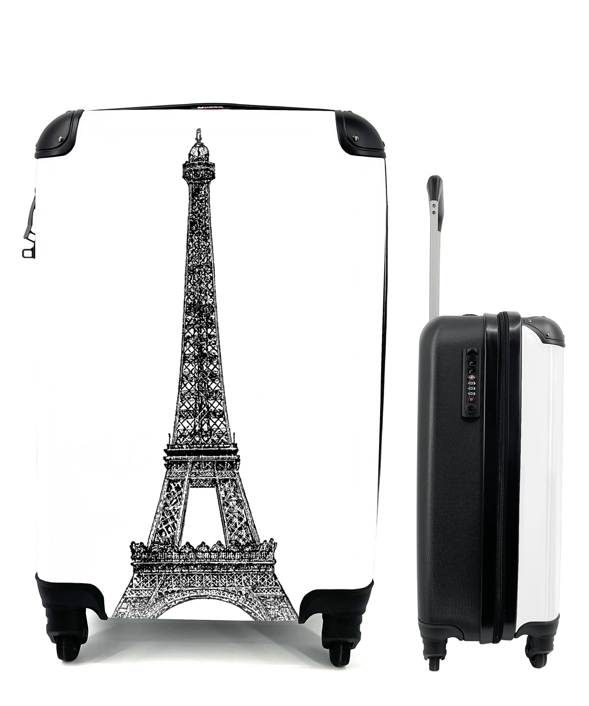 MuchoWow Handgepäckkoffer Eine Illustration des Eiffelturms in schwarz-weiß, 4 Rollen, Reisetasche mit rollen, Handgepäck für Ferien, Trolley, Reisekoffer
