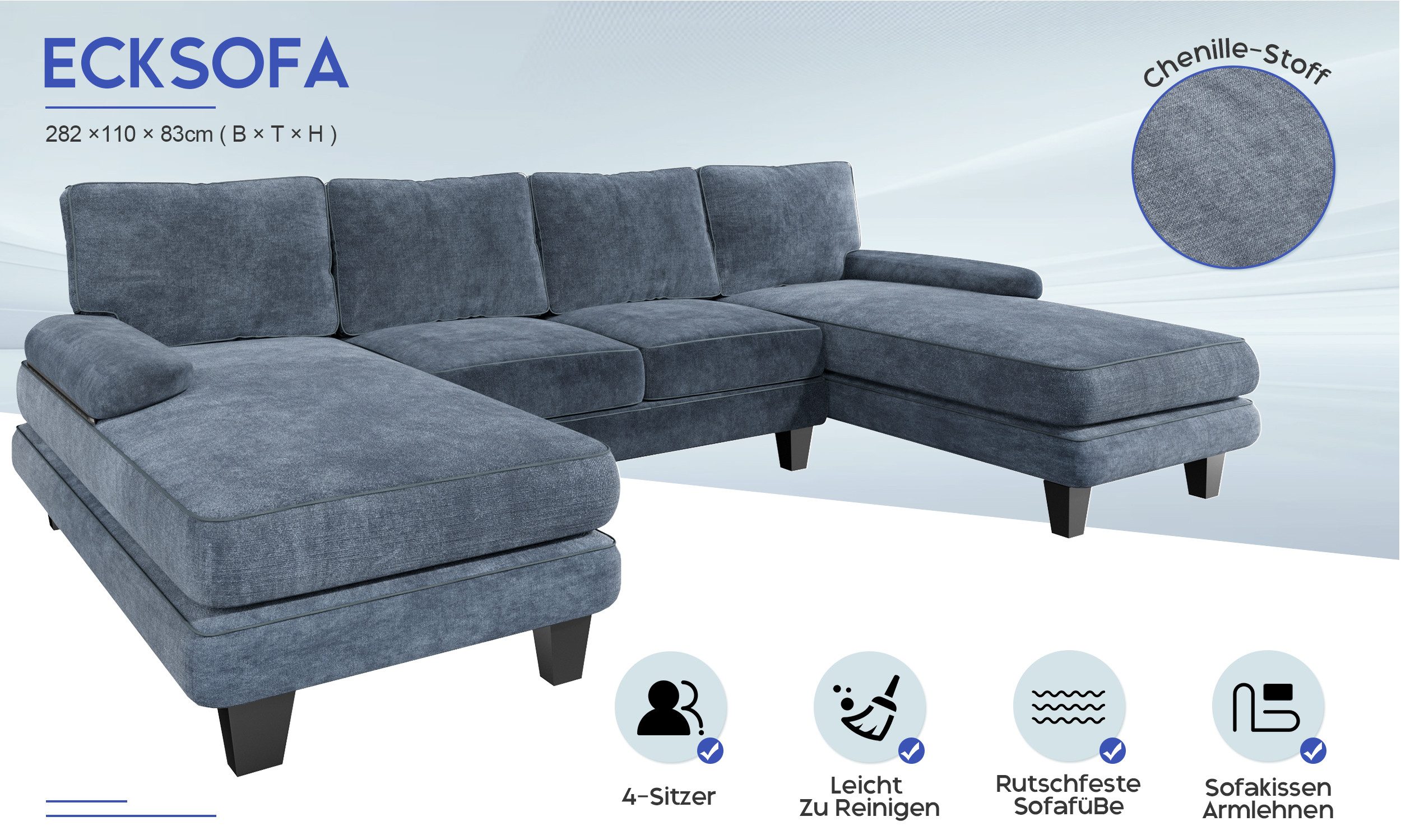HOMALL Ecksofa Ecksofa mit Abnehmbarer Sofabezug, U-Shape Sofa mit 4 Kissen, Grau, (L*B*H)292*138*86cm Abriebfestes und atmungsaktives Chenillegewebe