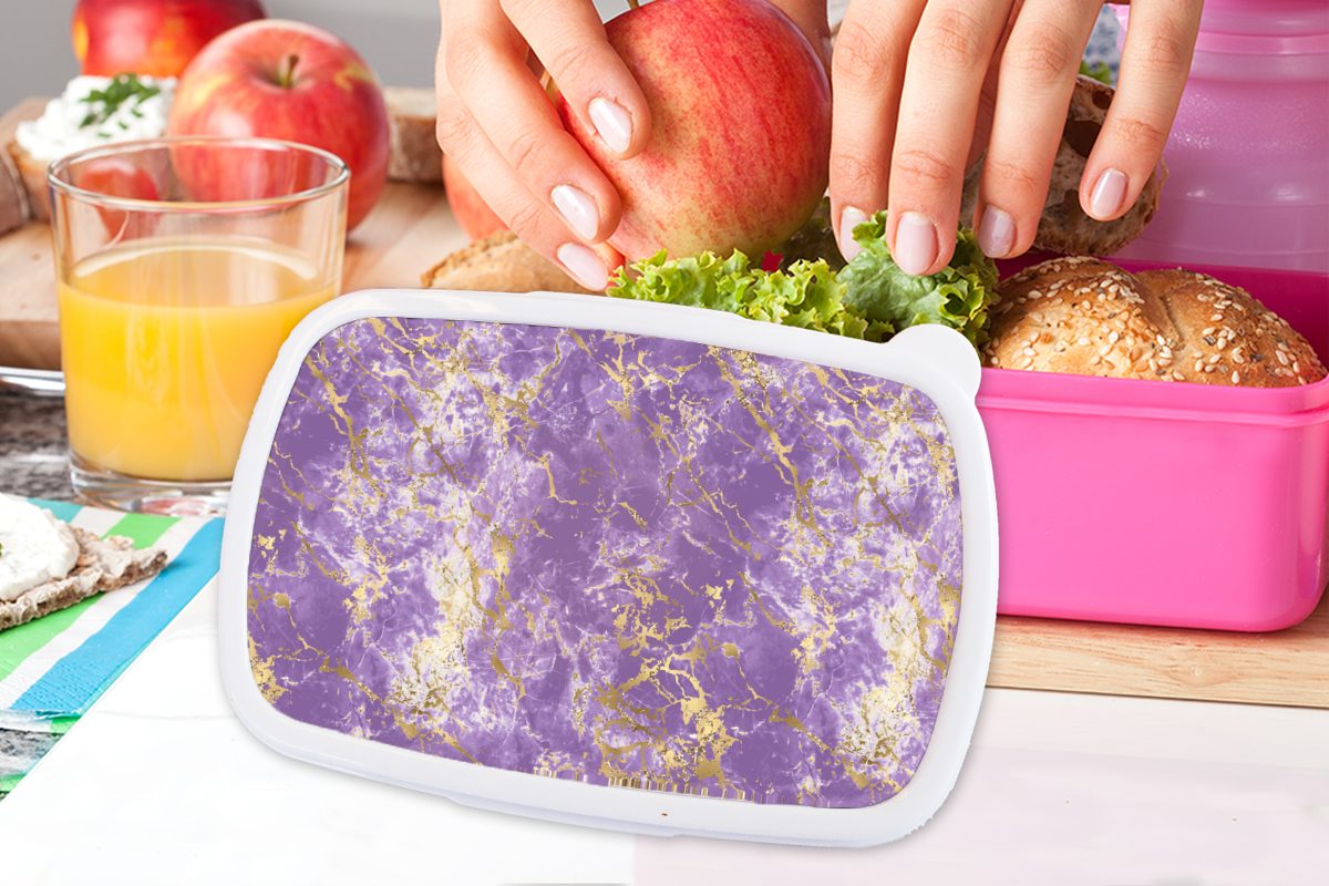 MuchoWow Lunchbox Marmor - Lila - Brotdose für rosa Kinder, - Brotbox Muster, (2-tlg), Erwachsene, Mädchen, Snackbox, Kunststoff, Gold Kunststoff