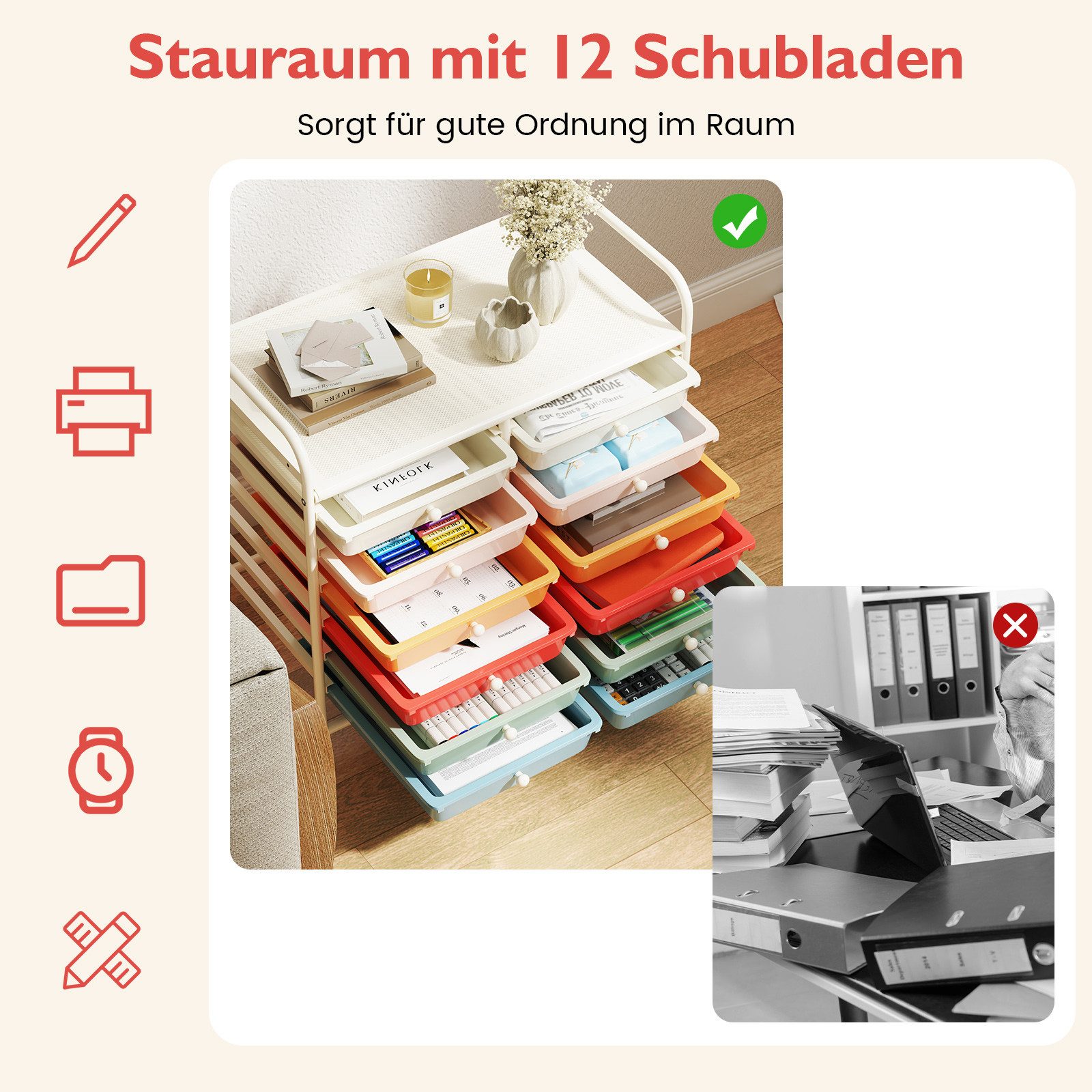 COSTWAY Rollcontainer, mit Schubladen Kunststoff, Rollwagen mit Rollen