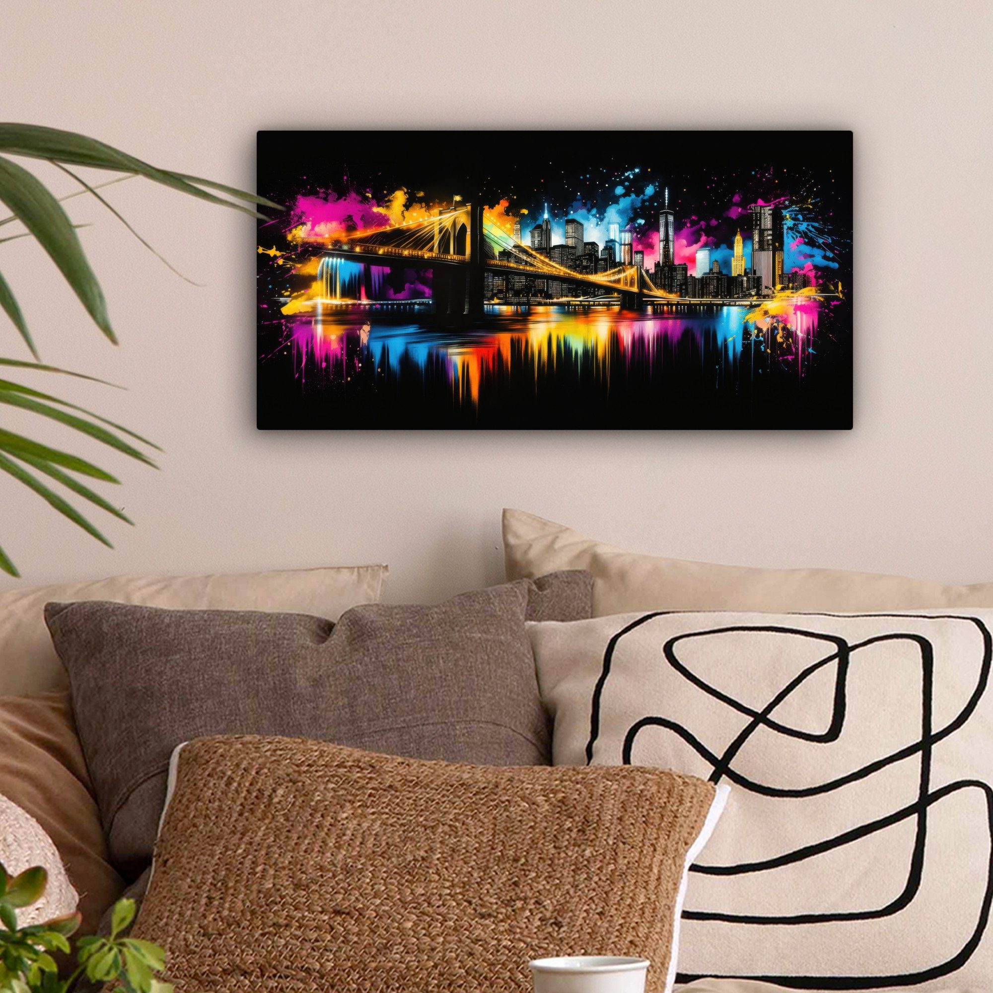 OneMillionCanvasses® Leinwandbild Panorama Skyline - Brücke - Beleuchtung - Farben, Fotodruck (1 St), Leinwand Bilder für Wohnzimmer Schlafzimmer 60x30 cm