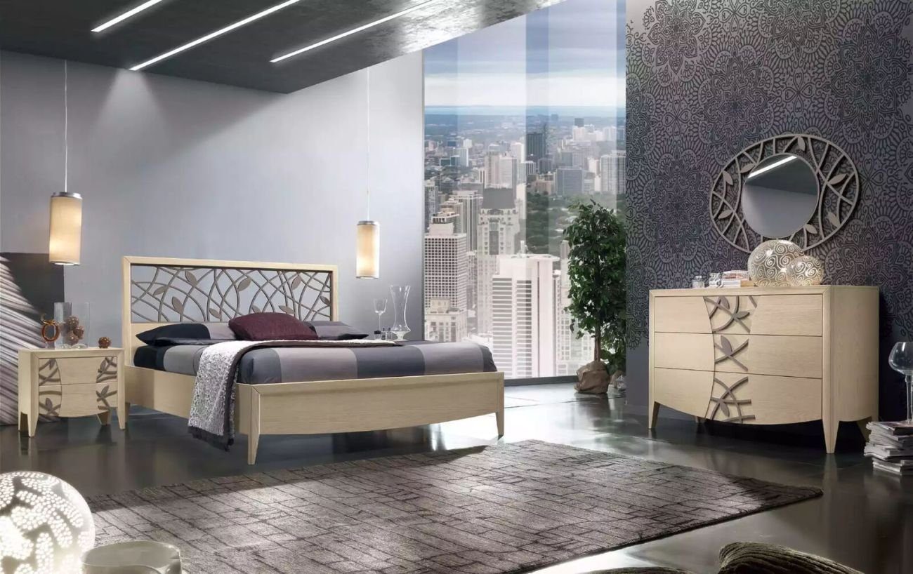 JVmoebel Schlafzimmer-Set Bett 2x Nachttisch + tlg.Komplett Schlafzimmer in Design 2x beige, 3 Set Nachttische), Bett 1x (3-St., Italy Made