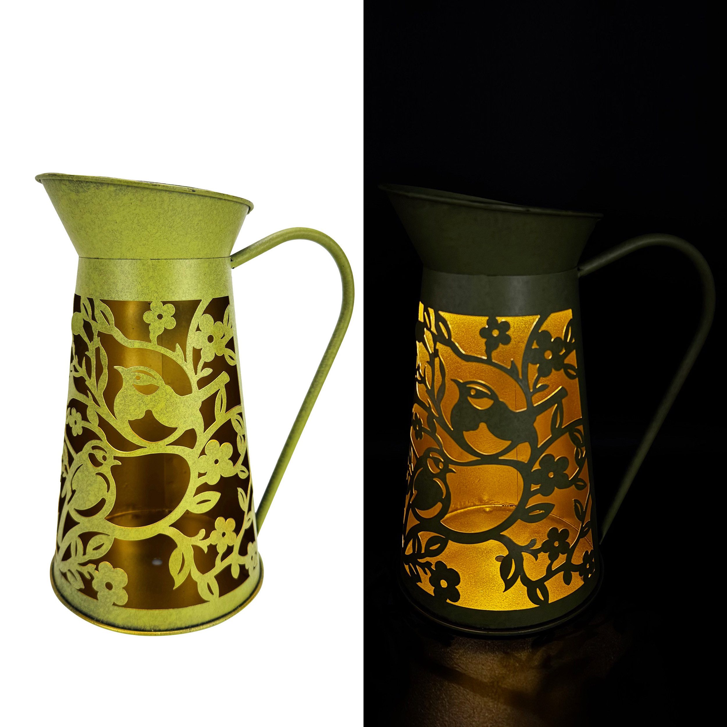 Online-Fuchs LED Laterne - grüne Milchkanne mit Solarbeleuchtung - Outdoor - 26 cm groß, warmweiß oder Farbwechsel wählbar, Licht- und Schattenspiele, Dekoration für Garten, Terrasse und Balkon