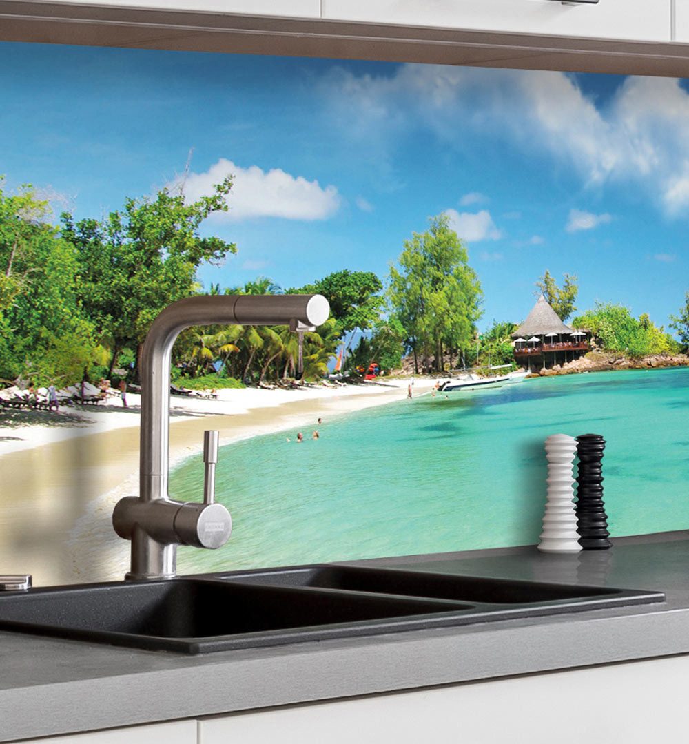 MyMaxxi Küchenrückwand Küchenrückwand selbstklebend Landschaft Palmen Strand Spritzschutz, (Klebefolie Küchenrückwand aufgerollt B 120 cm x H 60 cm), Beach B 120 cm x H 60 cm