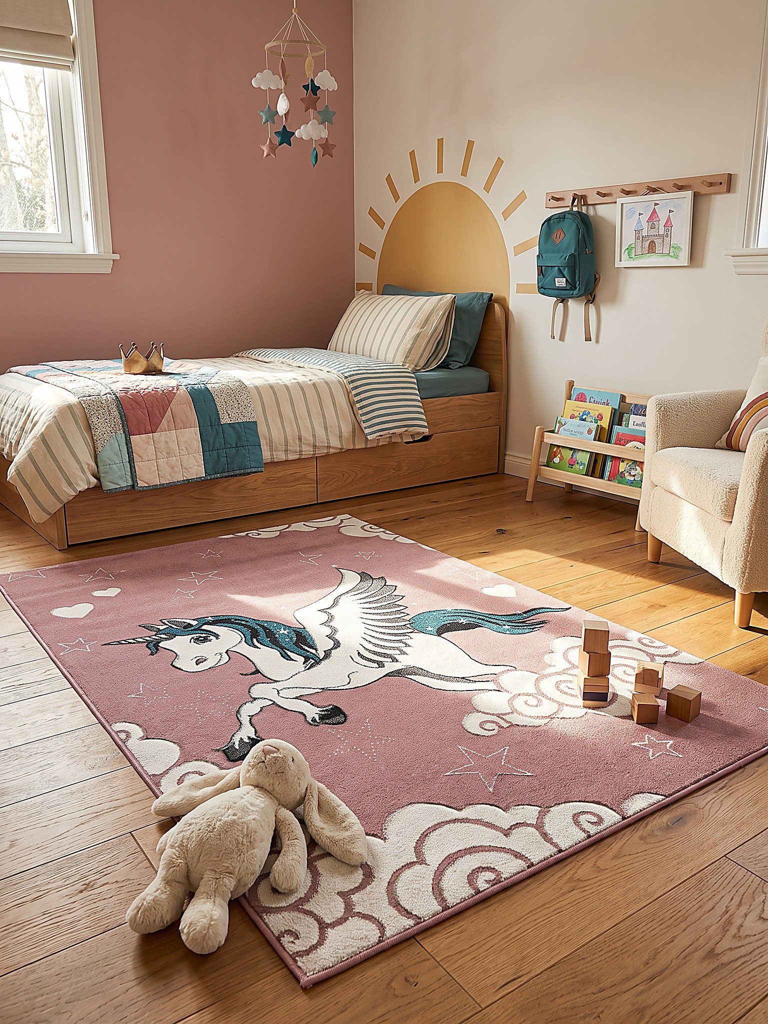 KADIMA DESIGN Kinderteppich IDRO Kinderteppich Pink 80x150 Sterne Polypropylen Kurzflor, Läufer, Höhe: 14 mm, Saugroboter-geeignet, Strapazierfähig, Fußbodenheizung geeignet