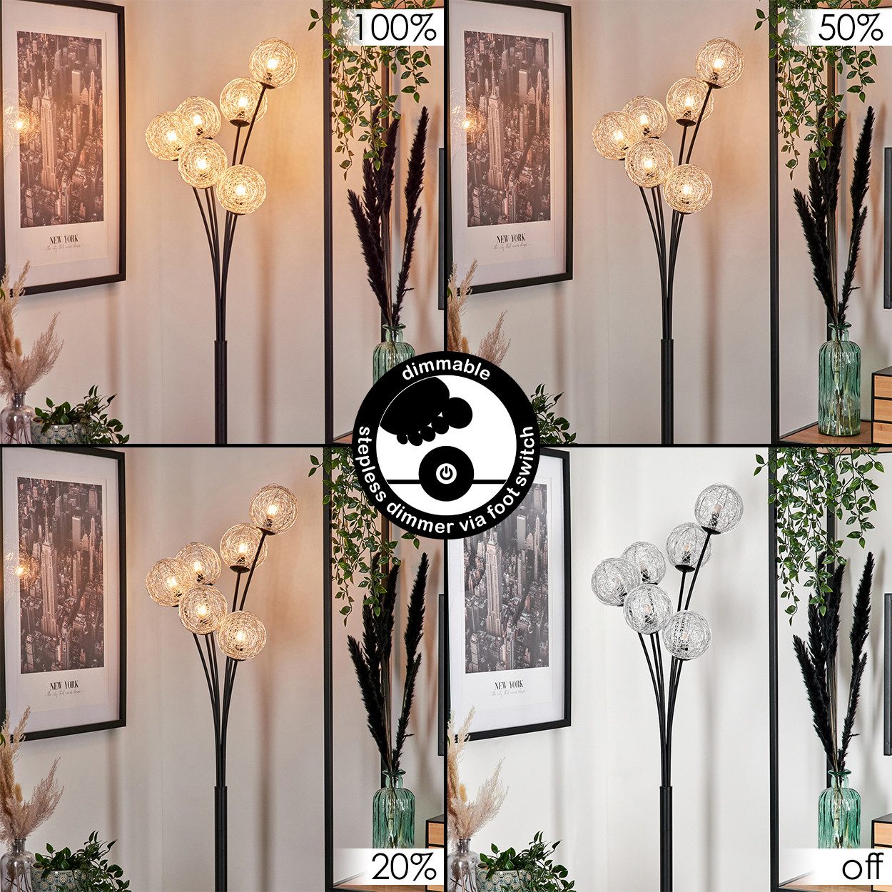 hofstein Stehlampe Stehlampe aus Metall/Draht/Metall in Schwarz/Silber, ohne Leuchtmittel, Leuchte mit Glasschirmen (12cm), dimmbar, 6xG9, ohne Leuchtmittel