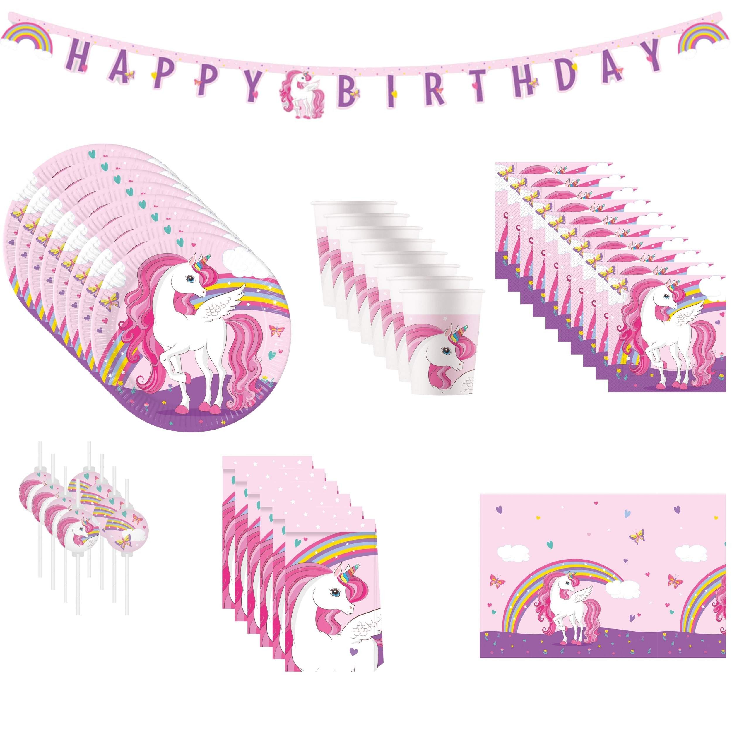 Procos Einweggeschirr-Set 54-tlg. Regenbogen Unicorn Einhorn Party Set für Kindergeburtstag, 8 Personen