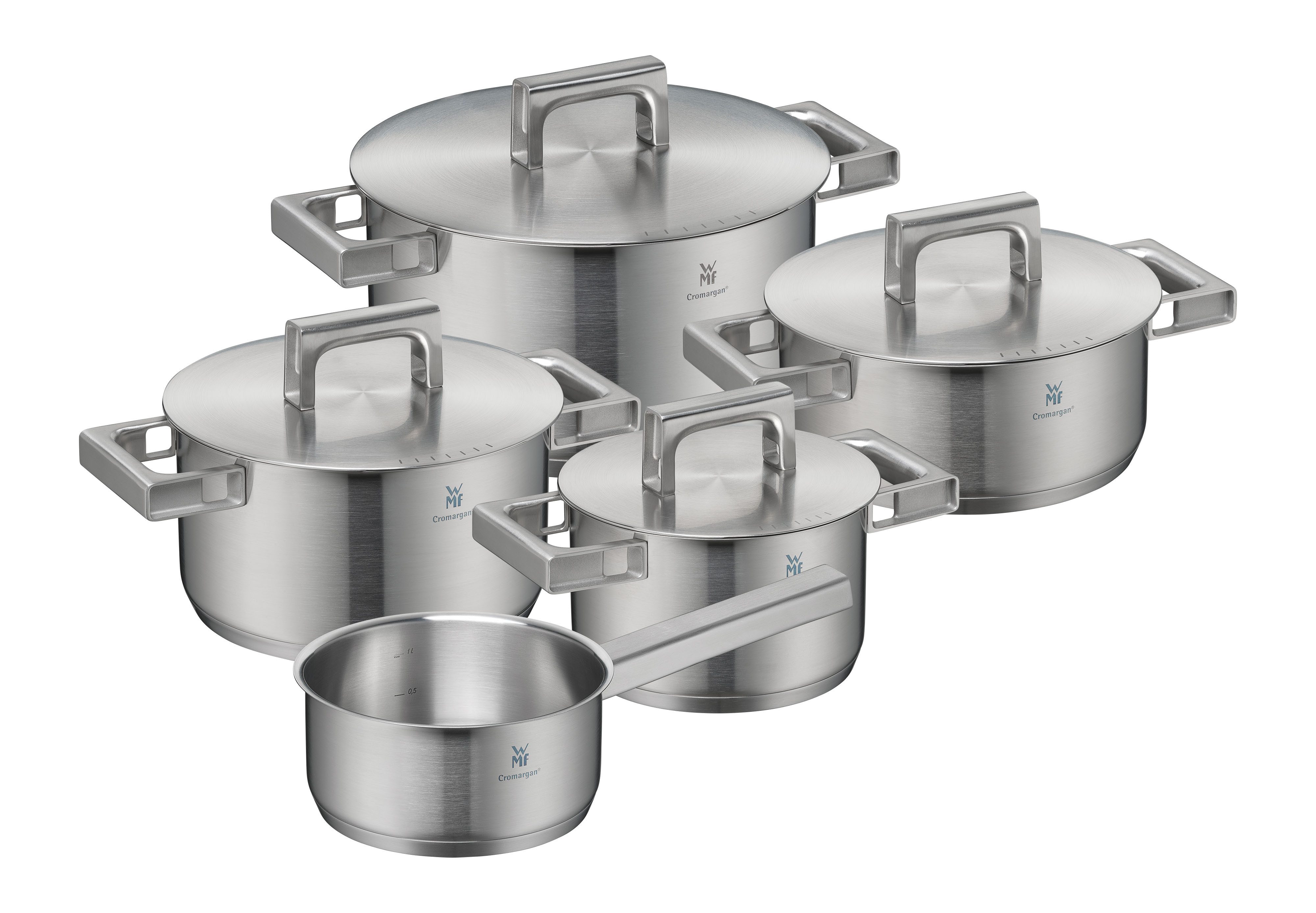 WMF Topf-Set Ultimate Cool+ Induktion, Kochtopf Set mit Edelstahldeckel, Cromargan® Edelstahl Rostfrei 18/10 (Set, 9-tlg), Induktionstöpfe Set unbeschichtet, wärmereduzierende Cool+ Griffe