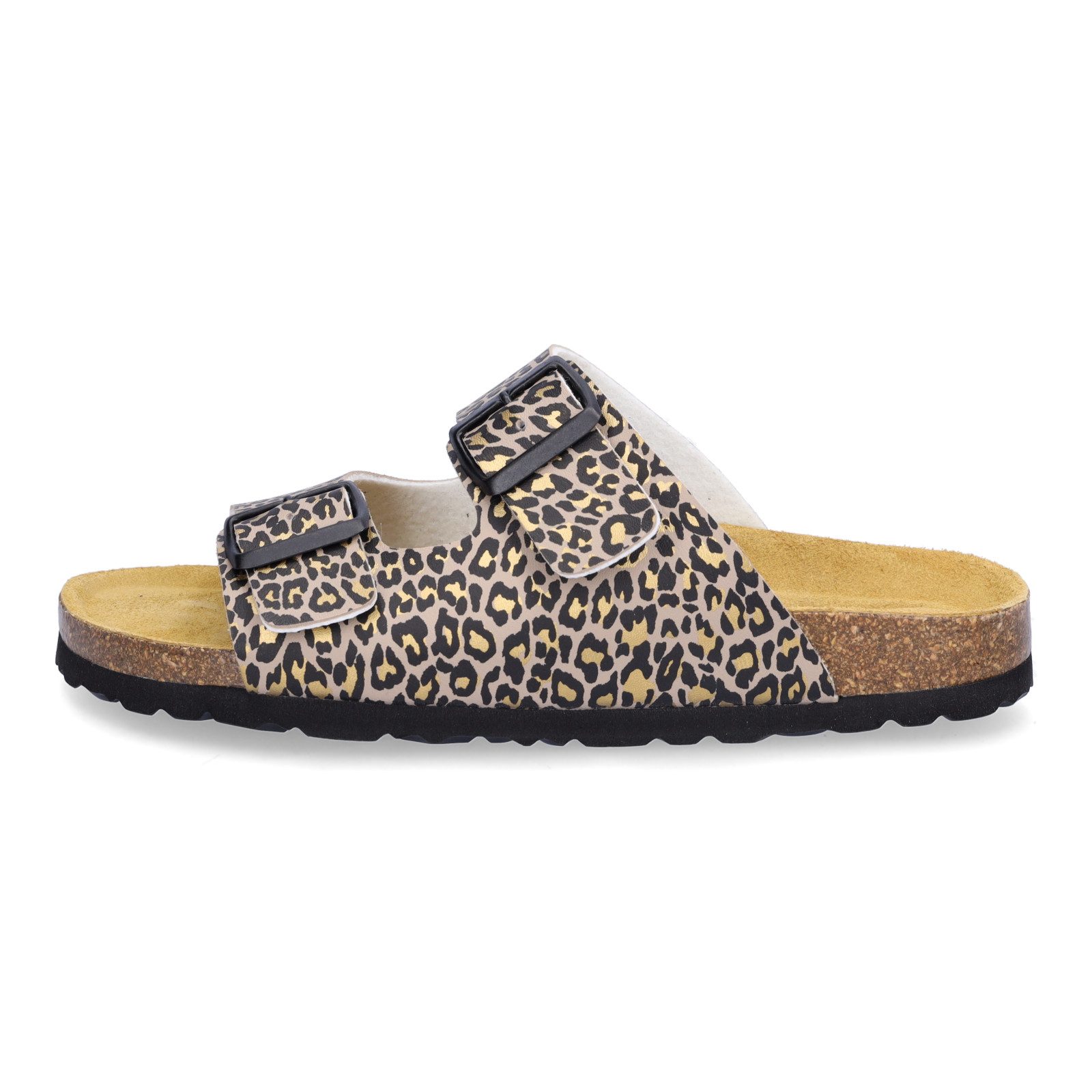 MIDS MOMO Damen Pantolette leo Animalprint, Zweiriemer mit ergonomischem Fußbett & Schnallen