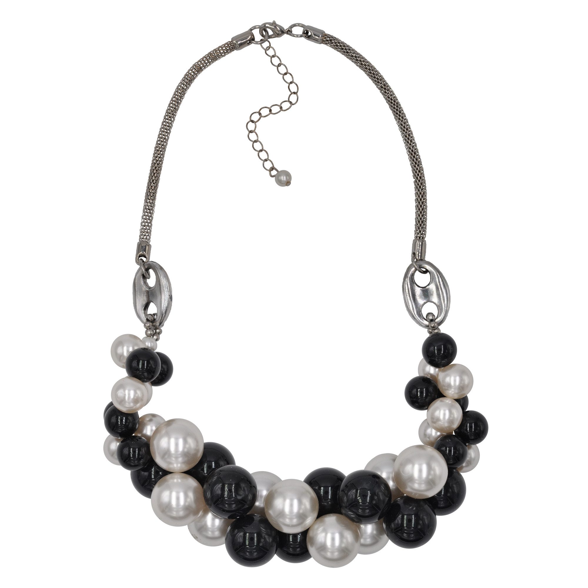 Steuer Collierkettchen Metall silberfarben schwarze und cremefarbene Perlen