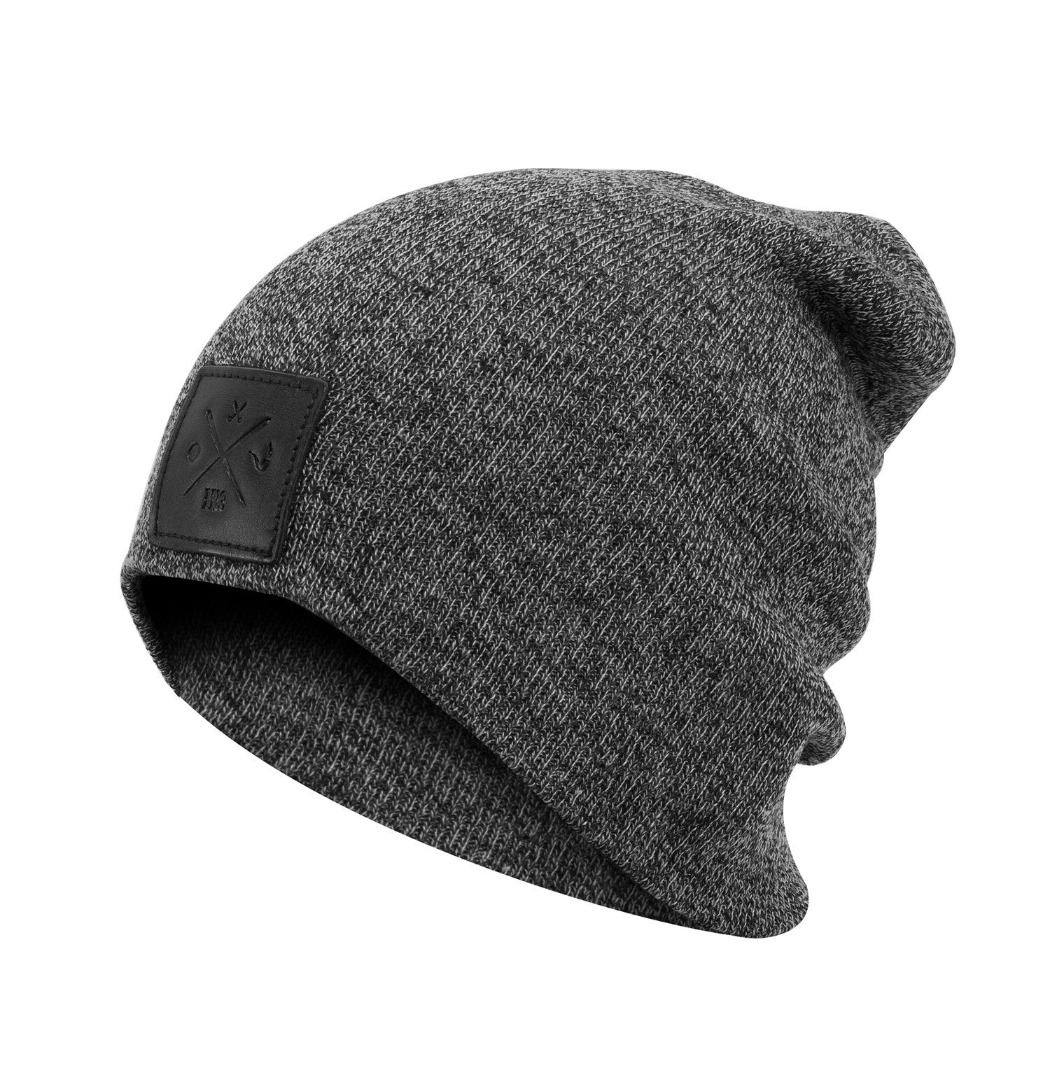 Manufaktur13 Beanie Slouch Beanie - Long Beanie, Mütze, lang, Strickmütze mit Echt-Leder/Stick Veredelung Granite