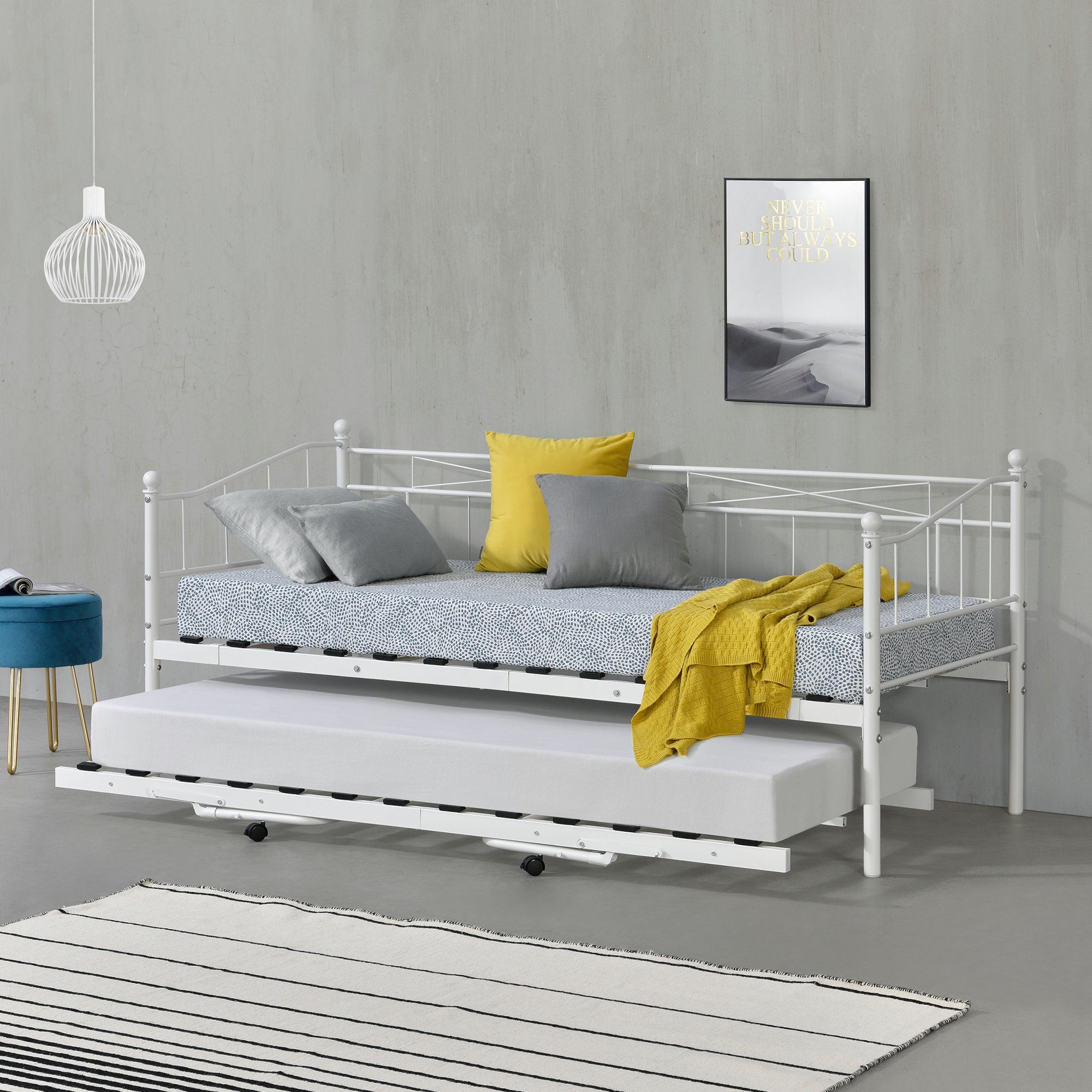 en.casa Metallbett, »Skutskär« Tagesbett mit Zustellbett Kojenbett  Gästebett mit ausziehbarer Liege 90x200cm Weiß online kaufen | OTTO