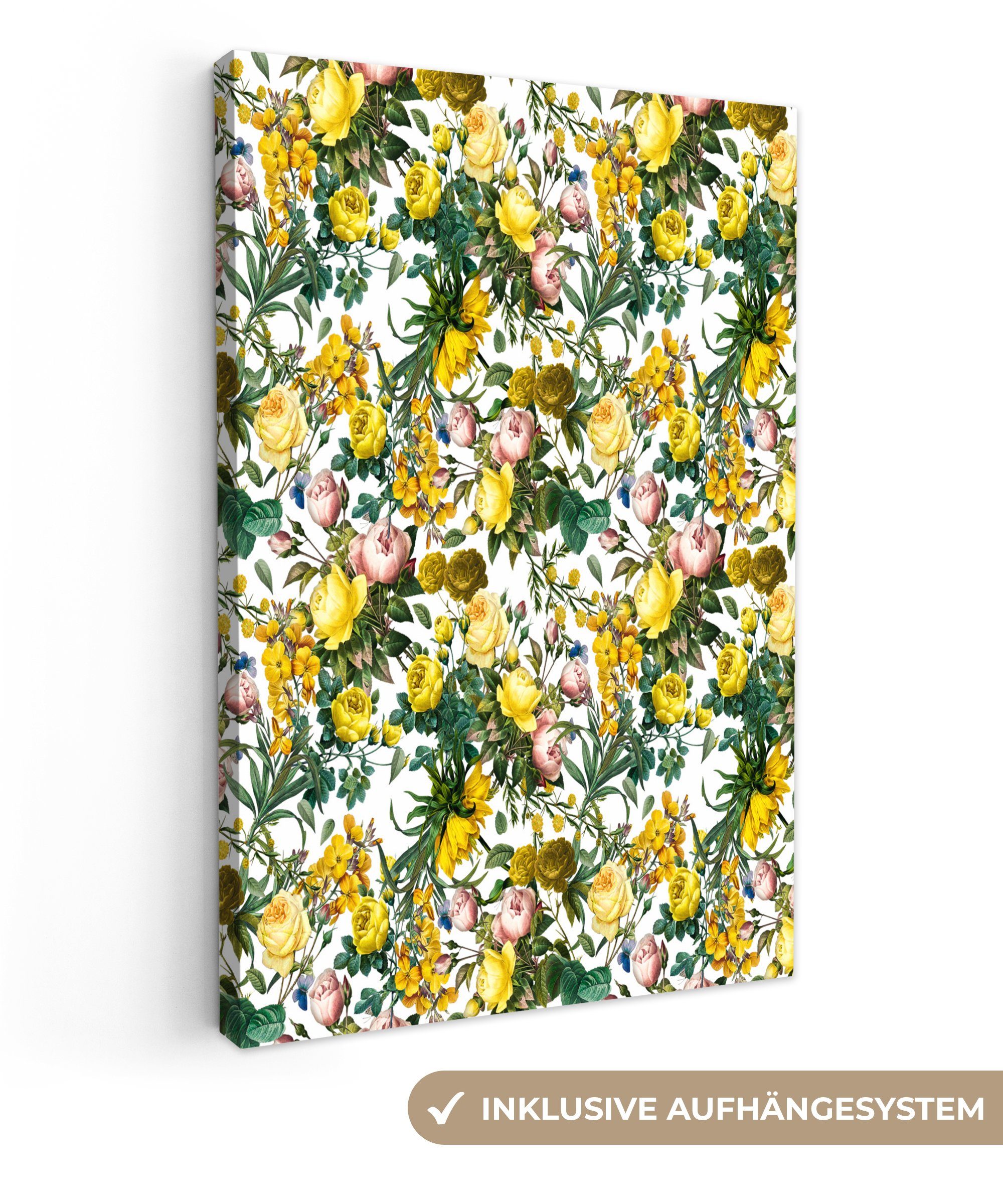 OneMillionCanvasses® Leinwandbild Blumen - - Gelb, fertig cm Gemälde, Zackenaufhänger, inkl. St), Leinwandbild 20x30 (1 bespannt Rosen