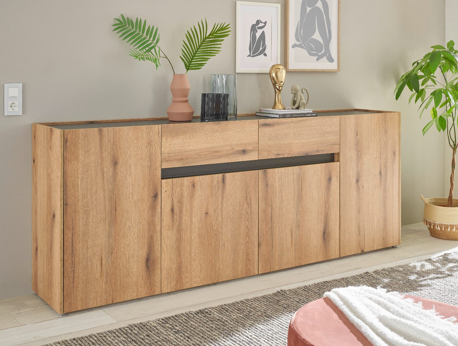Furn.Design Anrichte Center (Sideboard in Evoke Eiche mit grau, 4-türig, Breite 220 cm), mit viel Stauraum