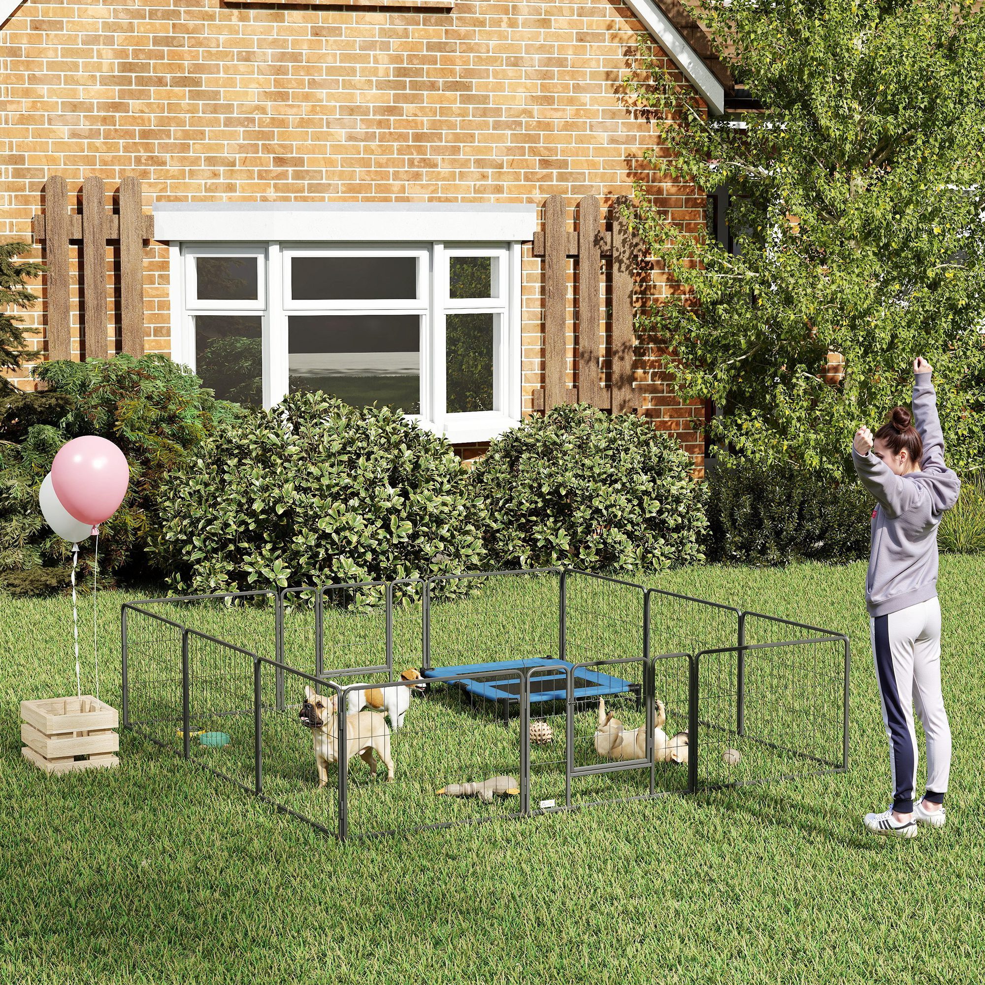 PawHut Freigehege Welpenlaufstall 12-TLG 60cm hoch Welpenauslauf, für Kleine Hunde, Grau